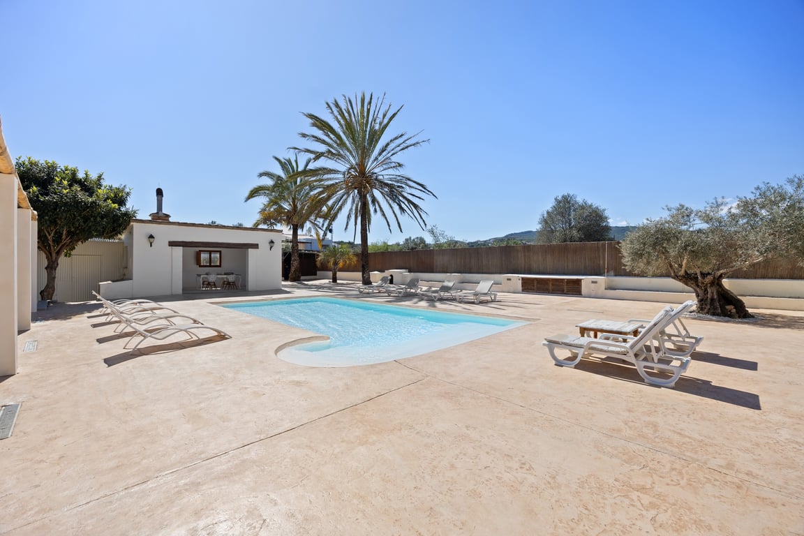 Zona de piscina con amplia terraza de hormigón impreso, rodeada de palmeras y olivos, que incluye una cocina exterior y vistas despejadas hacia las montañas.