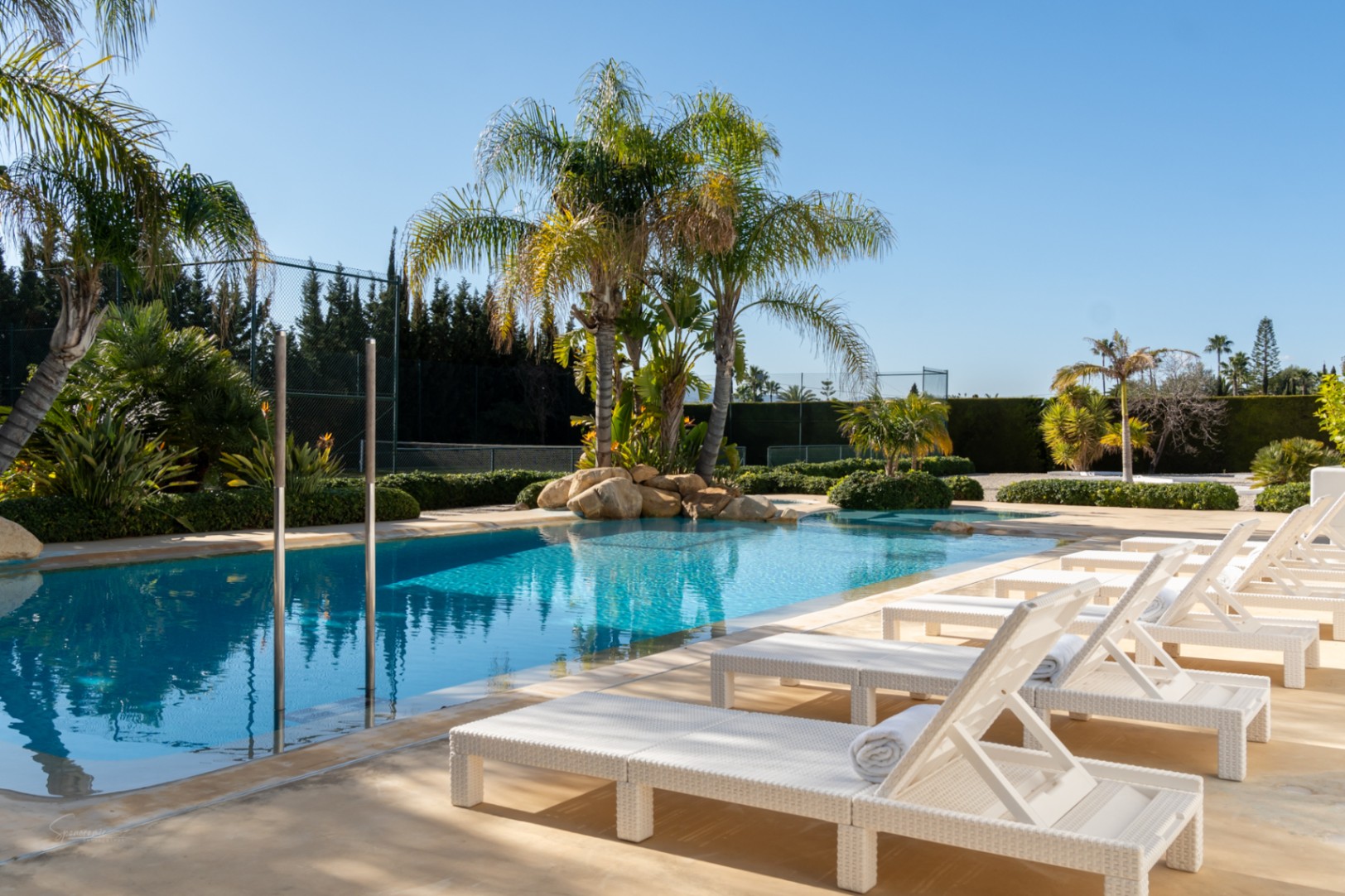 Piscina de diseño rodeada de palmeras y vegetación tropical, con hamacas blancas de ratán sobre un suelo de piedra clara y vistas a la pista de tenis privada.