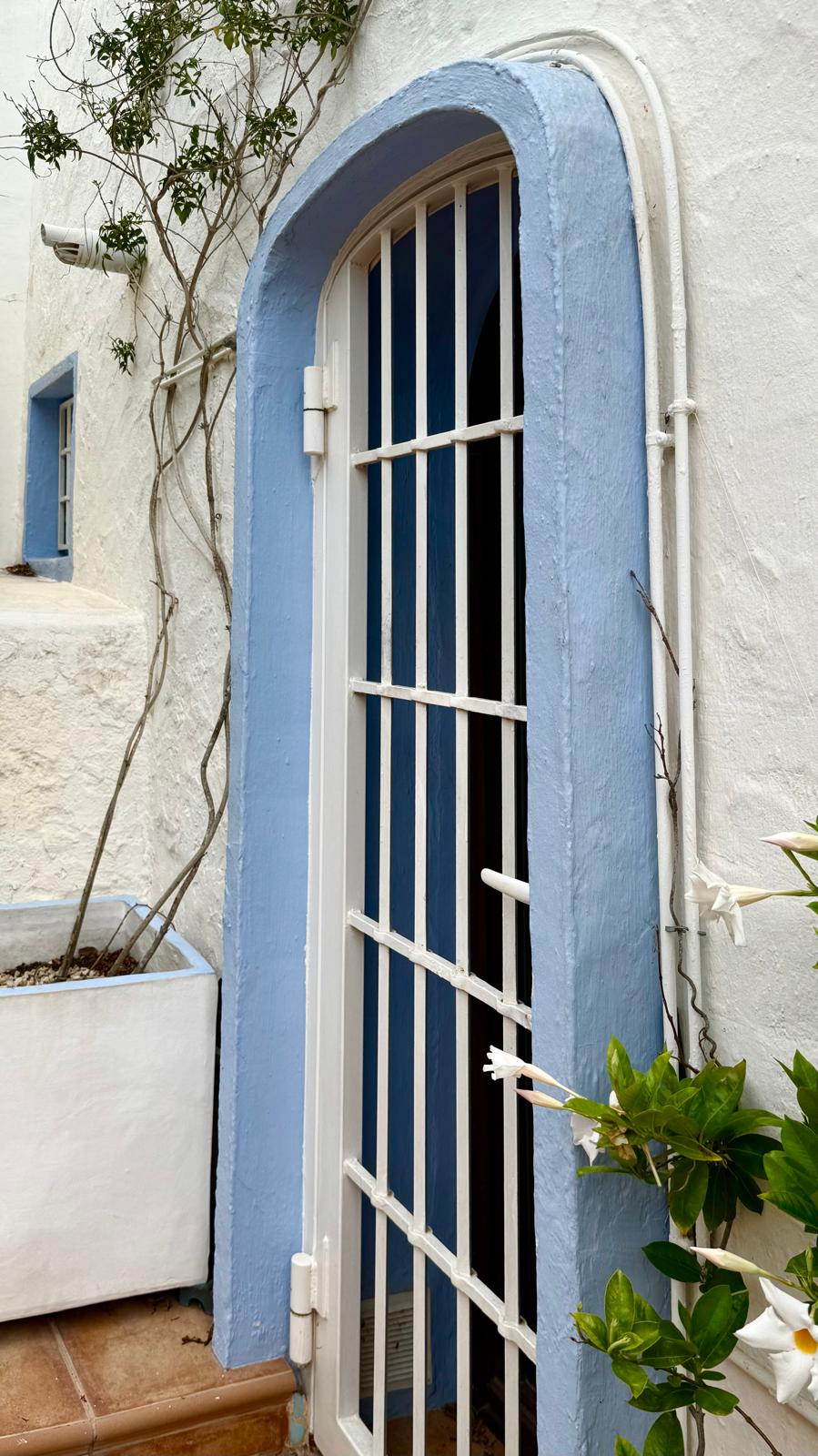 Detalle de arquitectura ibicenca con un arco resaltado en azul, paredes de textura blanca, reja de seguridad y plantas trepadoras sobre suelo de barro.