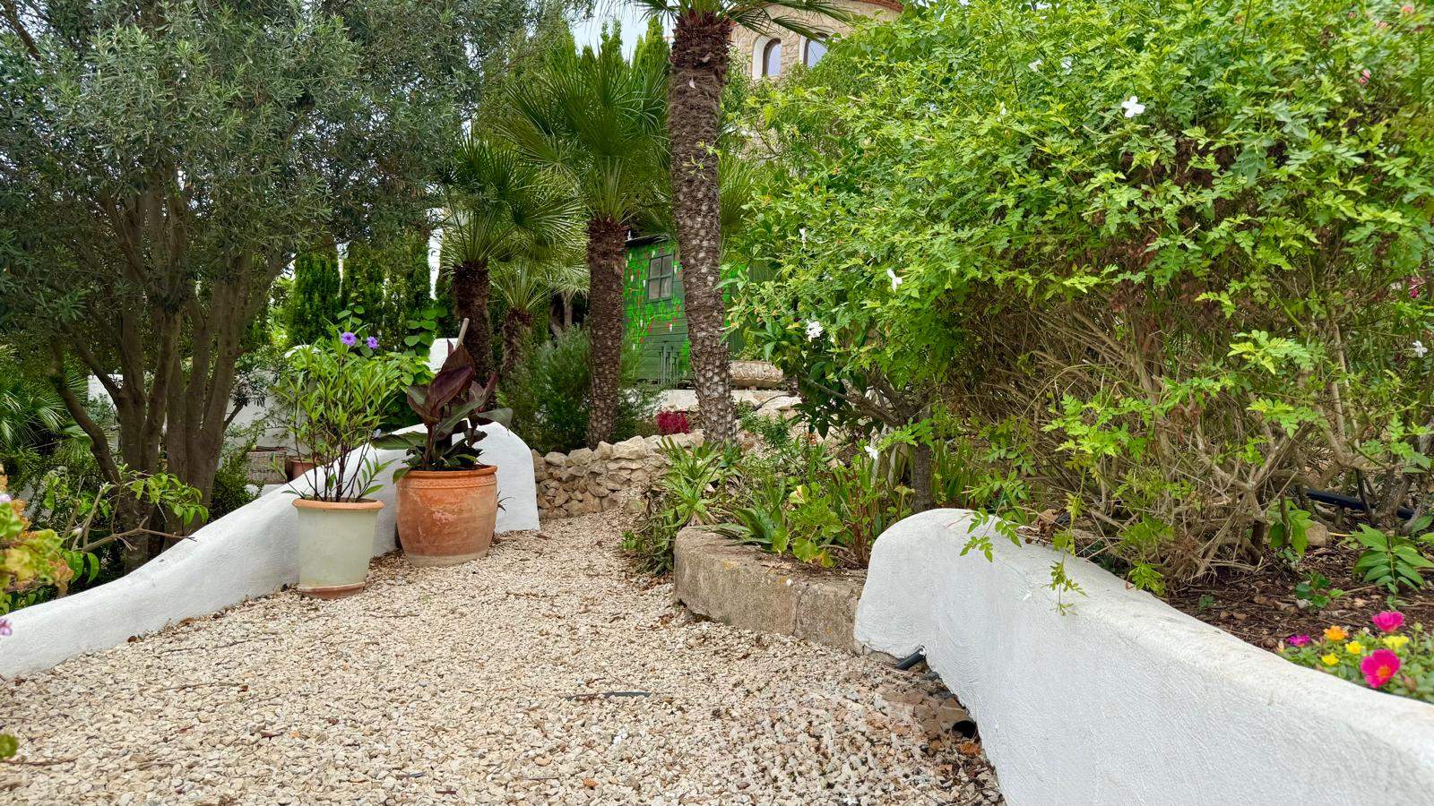 Sendero de grava en el jardín mediterráneo, flanqueado por muros bajos encalados, macetas de barro y vegetación madura con palmeras y olivos.
