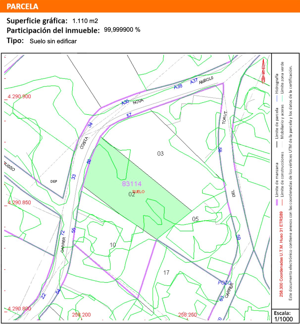 Plano catastral detallado de la parcela de 1.110 m² en Costa Nova, Jávea, mostrando su ubicación exacta, límites perimetrales y accesos viales.