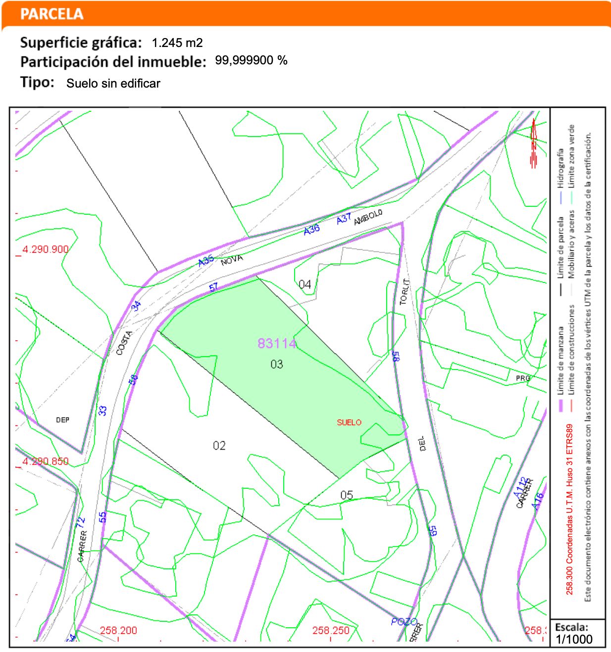 Plano catastral detallado de la parcela de 1.245 m2 en Costa Nova, Jávea, mostrando linderos, accesos viales y topografía para futura construcción.