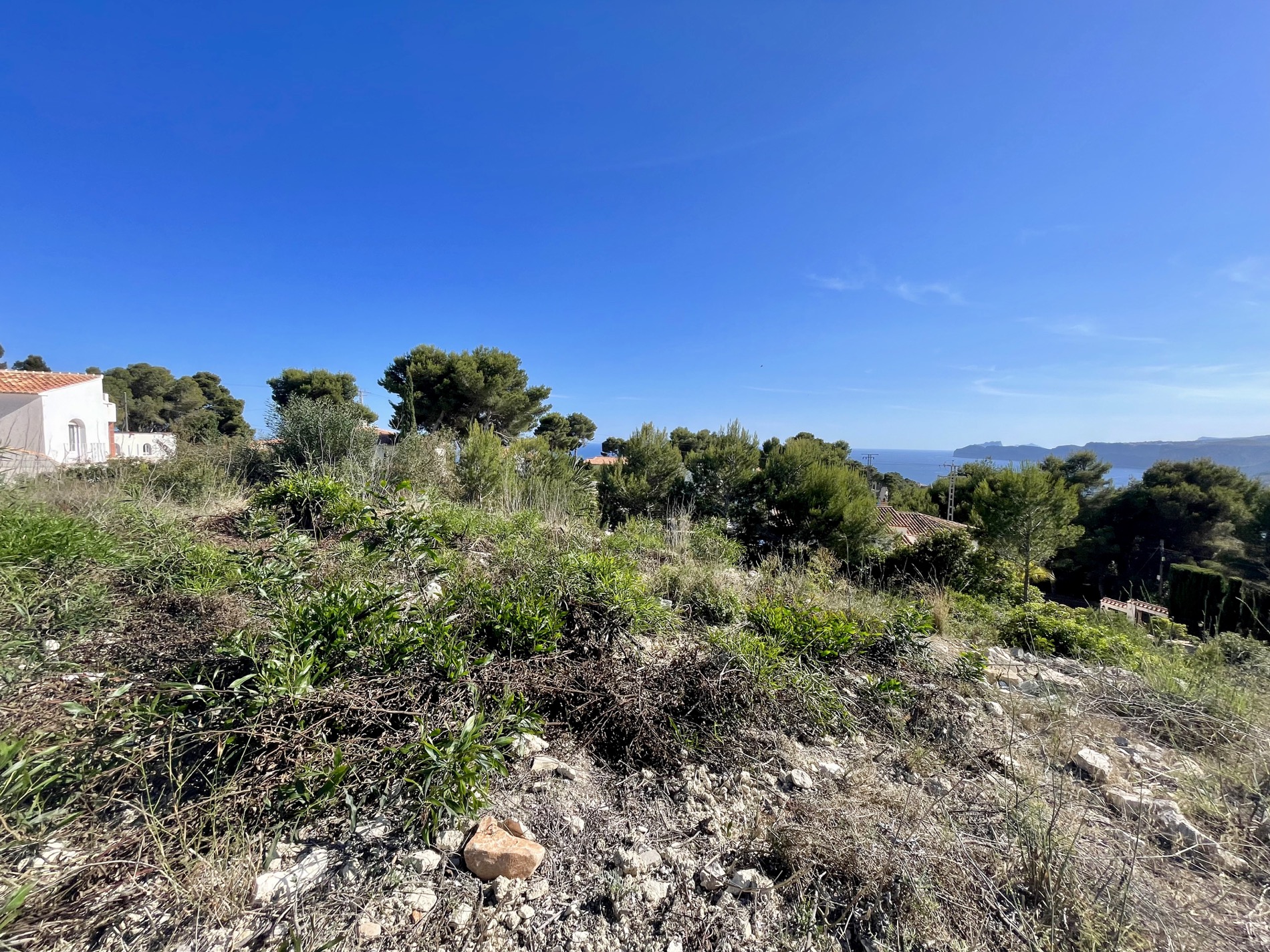 Vista elevada de la parcela con vegetación mediterránea y pinos, destacando las vistas al mar y la costa de Jávea bajo un cielo despejado.