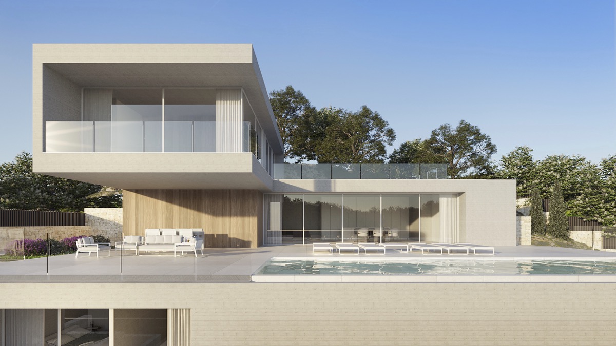 Arquitectura moderna con estructura en voladizo, piscina de borde infinito y amplia terraza de piedra clara con zonas de estar y acabados en madera natural.