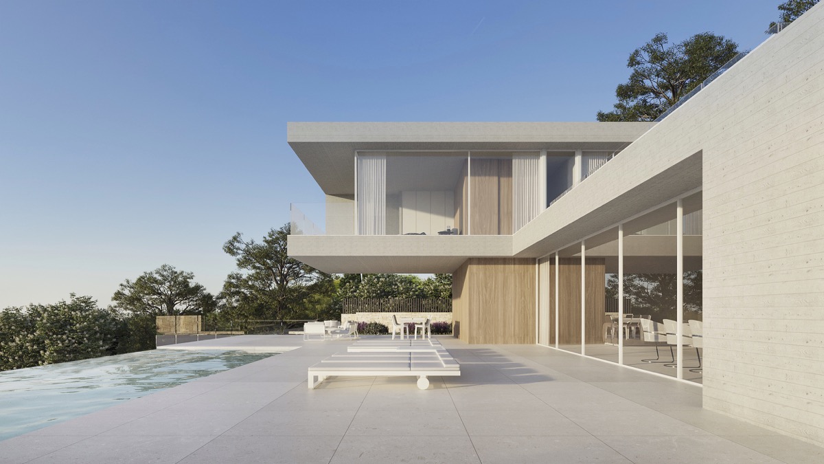 Fachada exterior de villa moderna con terraza de gres porcelánico, piscina infinita y voladizos arquitectónicos. Grandes ventanales y revestimientos de madera definen el diseño.