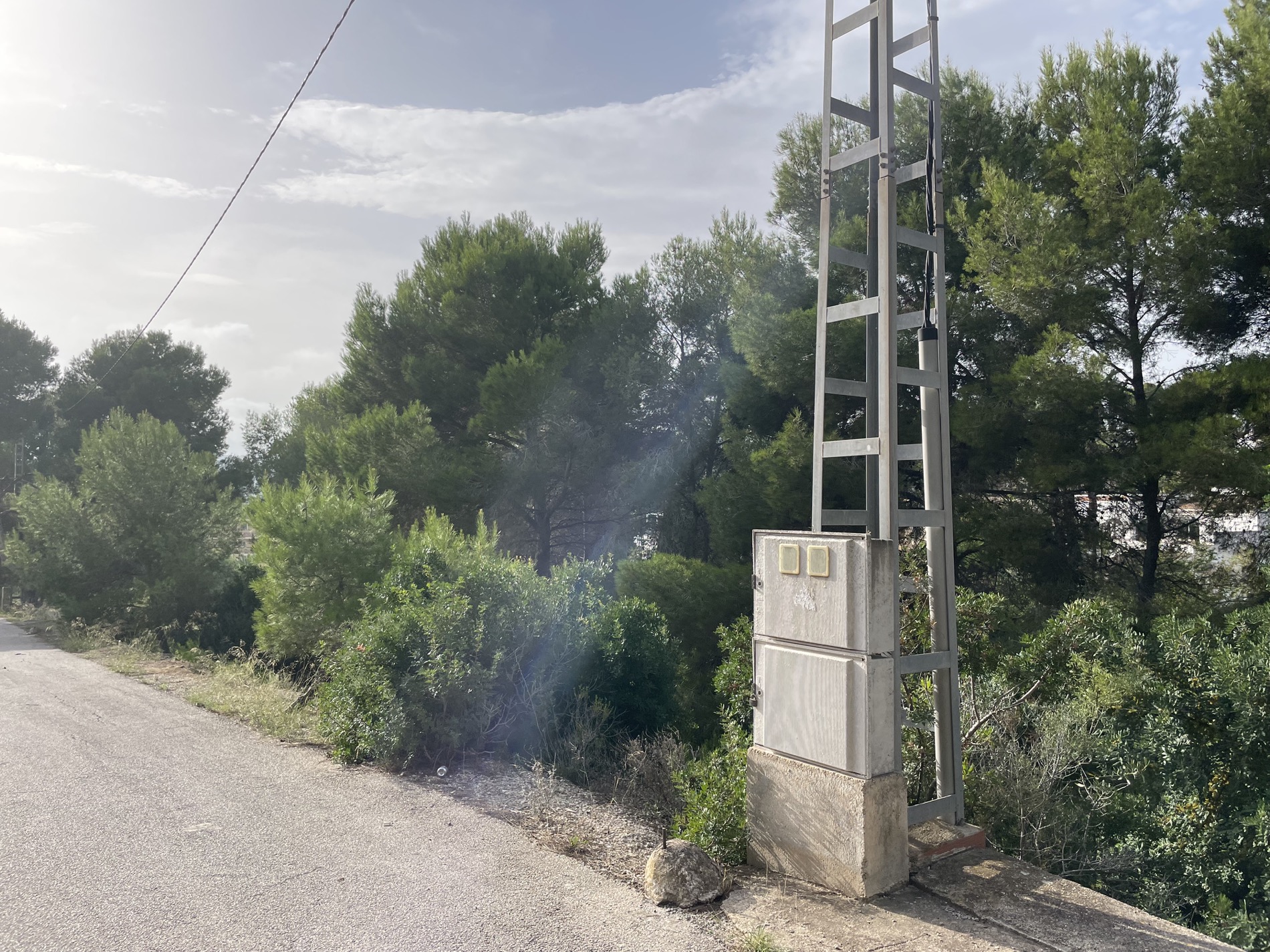 Poste de suministro eléctrico metálico con caja de conexiones junto al camino asfaltado, rodeado de vegetación mediterránea autóctona en la parcela.