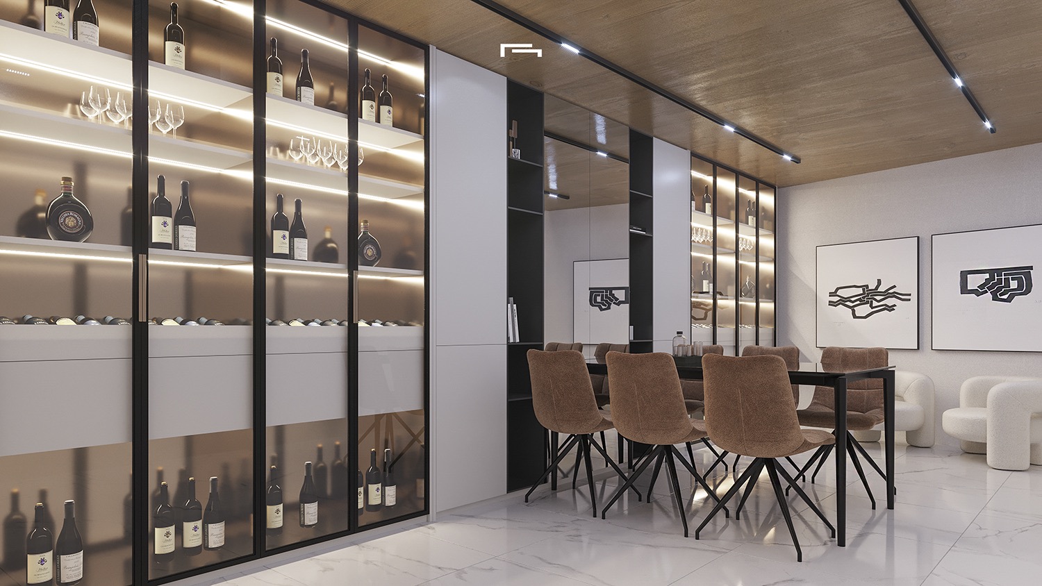 Bodega de diseño con vitrinas de cristal retroiluminadas, mesa de degustación y suelos de mármol. El techo de madera y la iluminación técnica crean un ambiente sofisticado.