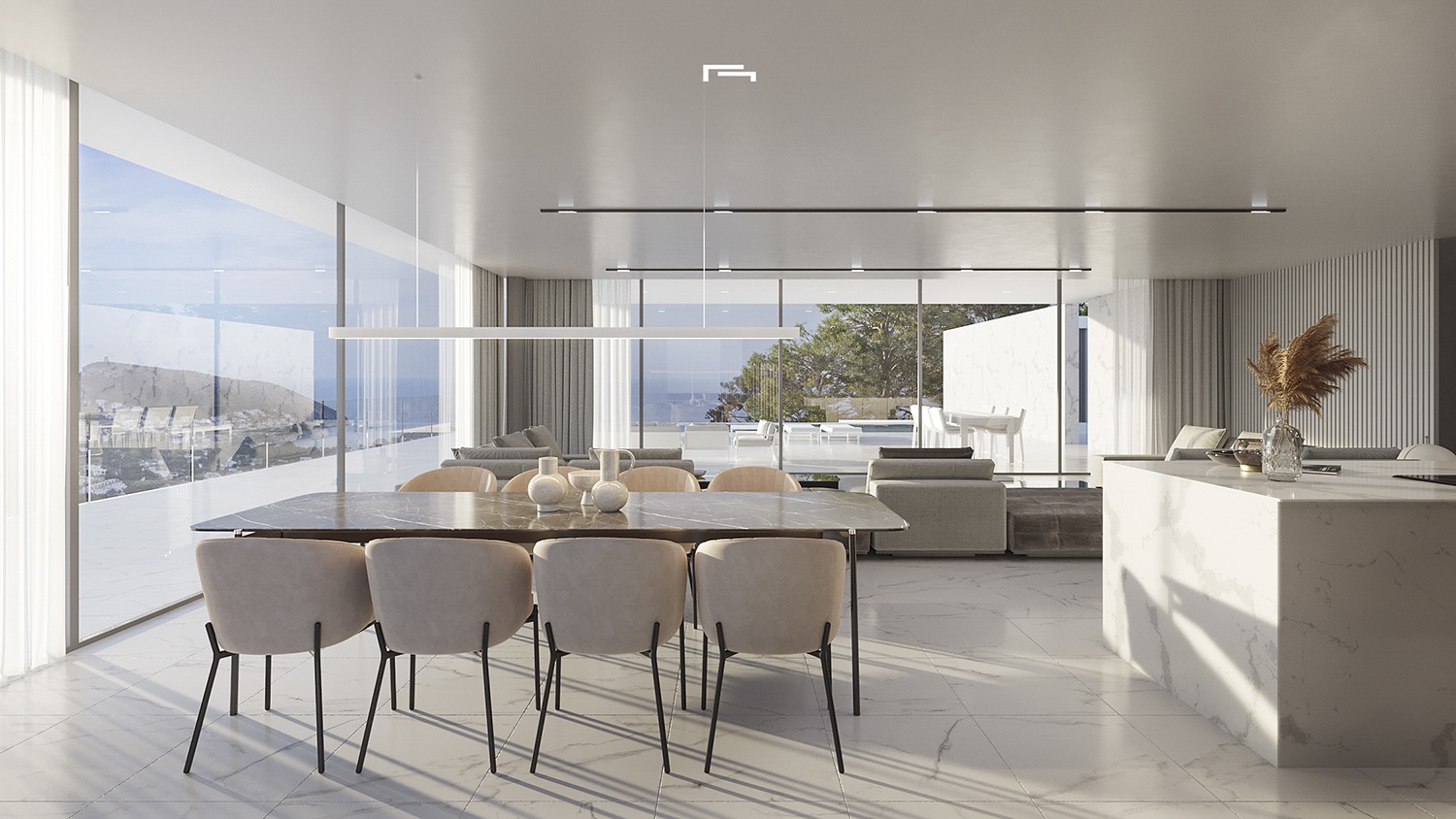 Comedor de concepto abierto con mesa de mármol oscuro, isla de cocina blanca y amplios ventanales con vistas panorámicas al mar Mediterráneo.