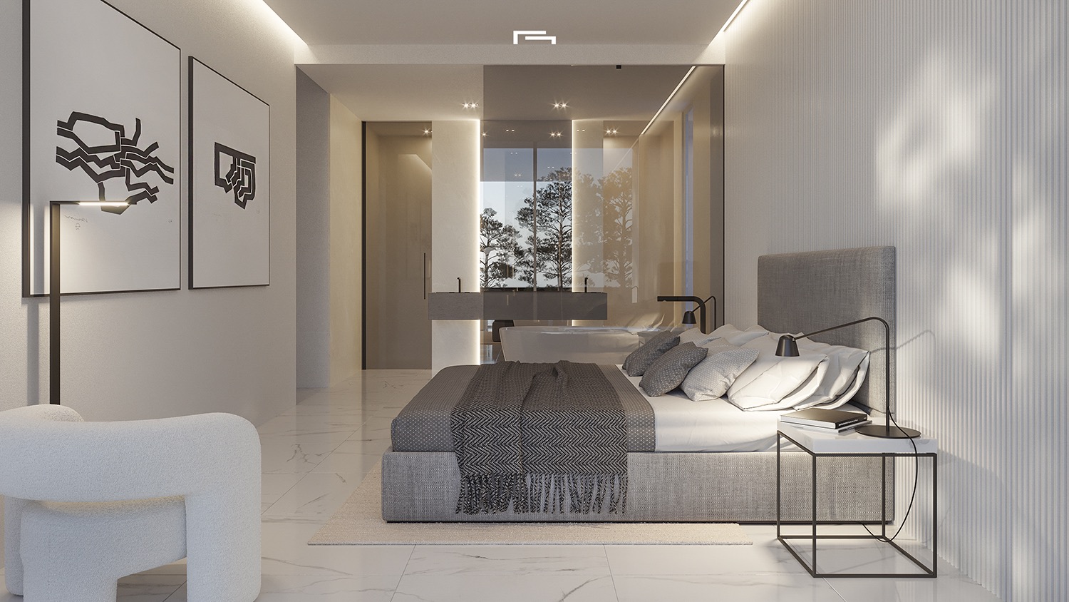 Dormitorio principal con baño integrado, suelos de mármol, bañera exenta y tocador doble tras un panel de cristal con vistas al exterior.