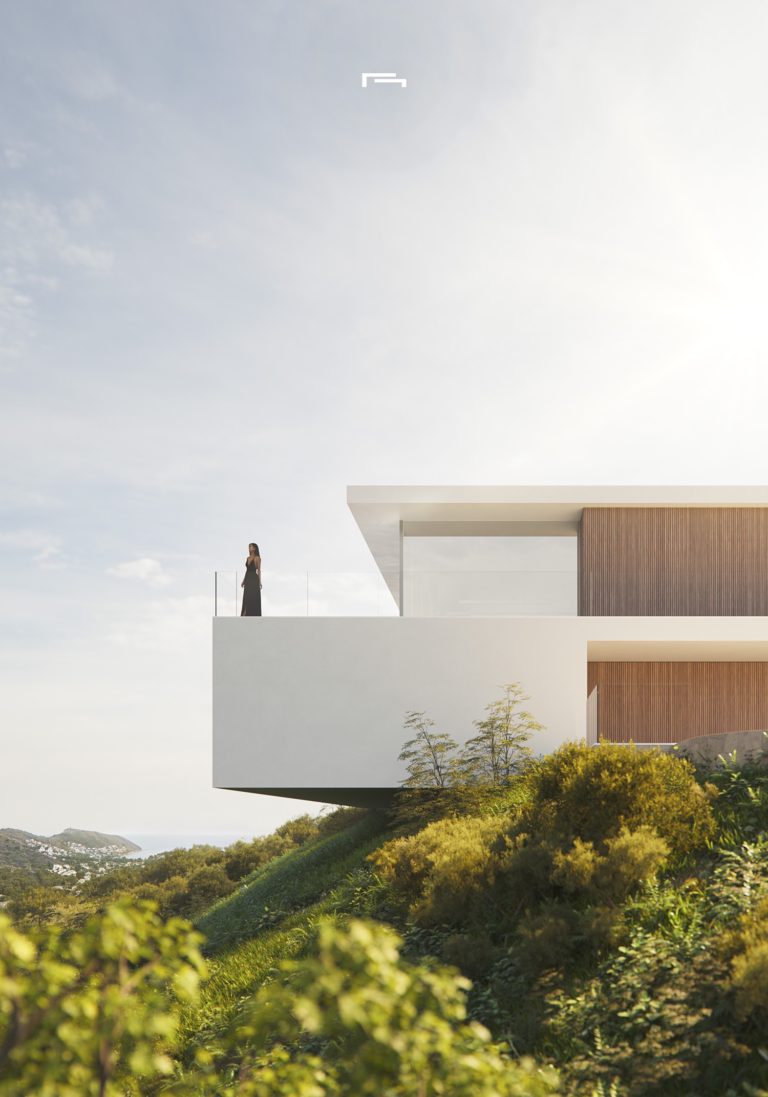 Fachada lateral de la villa con terraza voladiza blanca, barandillas de vidrio y paneles de madera natural, integrada en una ladera con vegetación mediterránea y vistas al mar.