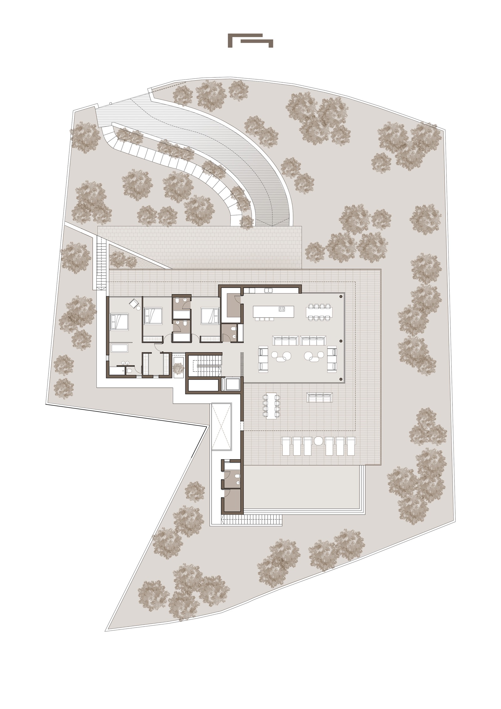 Plano detallado de la planta alta que muestra la distribución de tres dormitorios con baño, zona de estar diáfana, cocina con isla y amplia terraza con piscina.