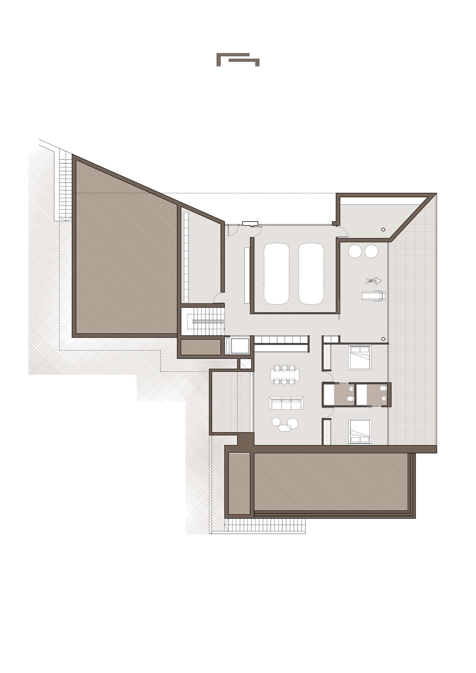 Plano técnico de la planta baja con garaje para dos vehículos, gimnasio, salón secundario y dos dormitorios con baños integrados.