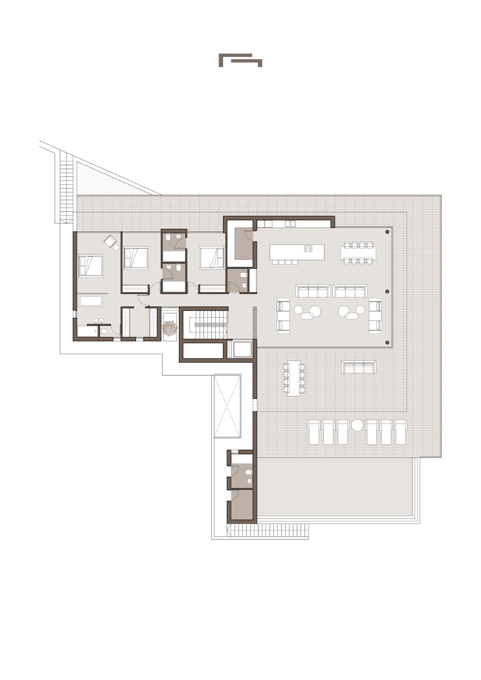 Plano técnico de la planta superior que muestra el salón-comedor, cocina con isla, tres dormitorios en suite y la extensa terraza exterior con zona de piscina.