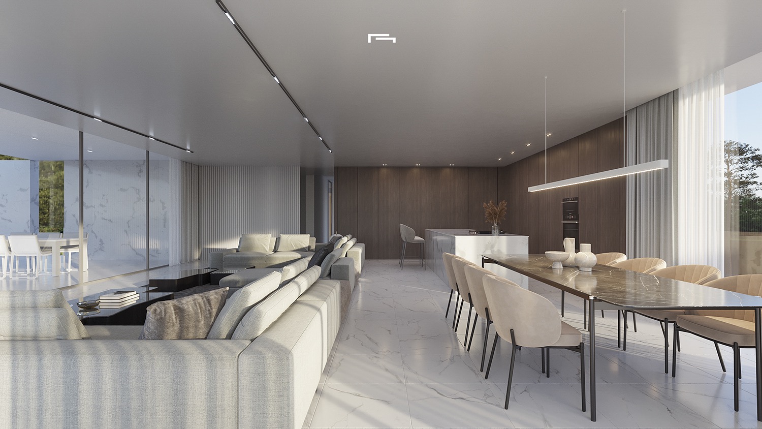 Salón comedor de concepto abierto con suelos de mármol, mesa de comedor de piedra oscura y una cocina integrada con paneles de madera y una isla de mármol blanco.