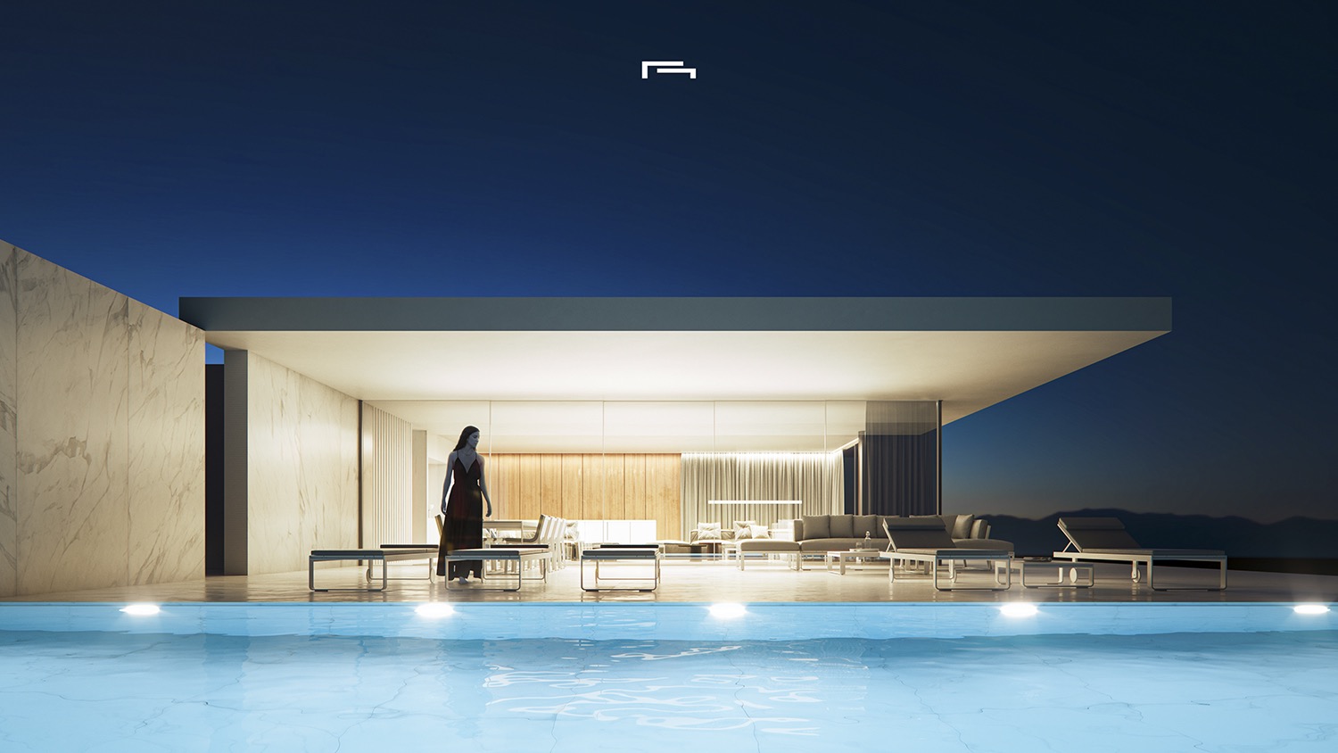 Terraza cubierta con iluminación integrada, piscina de diseño y amplios ventanales que conectan el salón con el exterior bajo un voladizo minimalista.