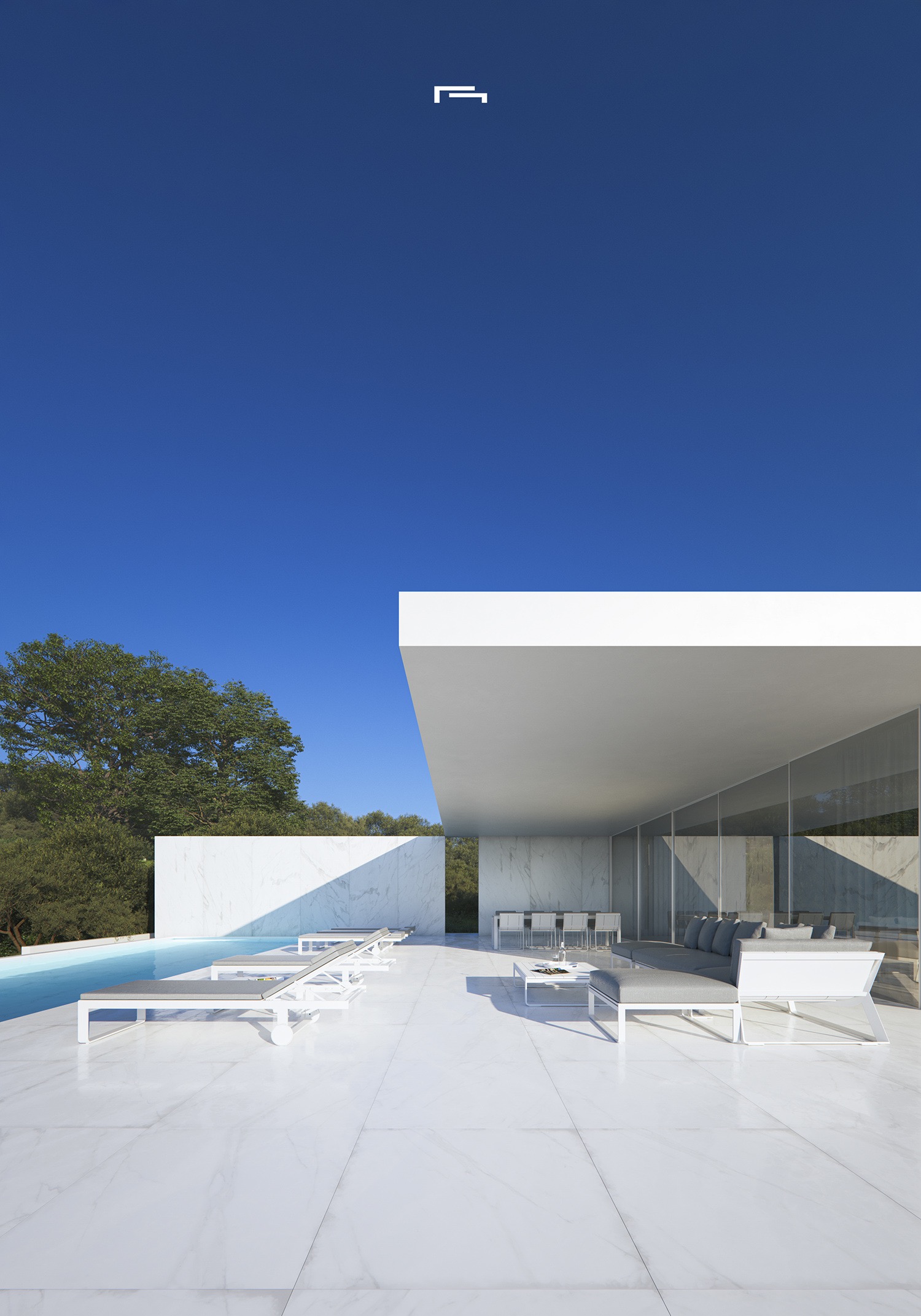 Terraza principal con suelo de mármol blanco, piscina infinita y zona de estar bajo un gran voladizo arquitectónico. Mobiliario de diseño minimalista y amplios ventanales.