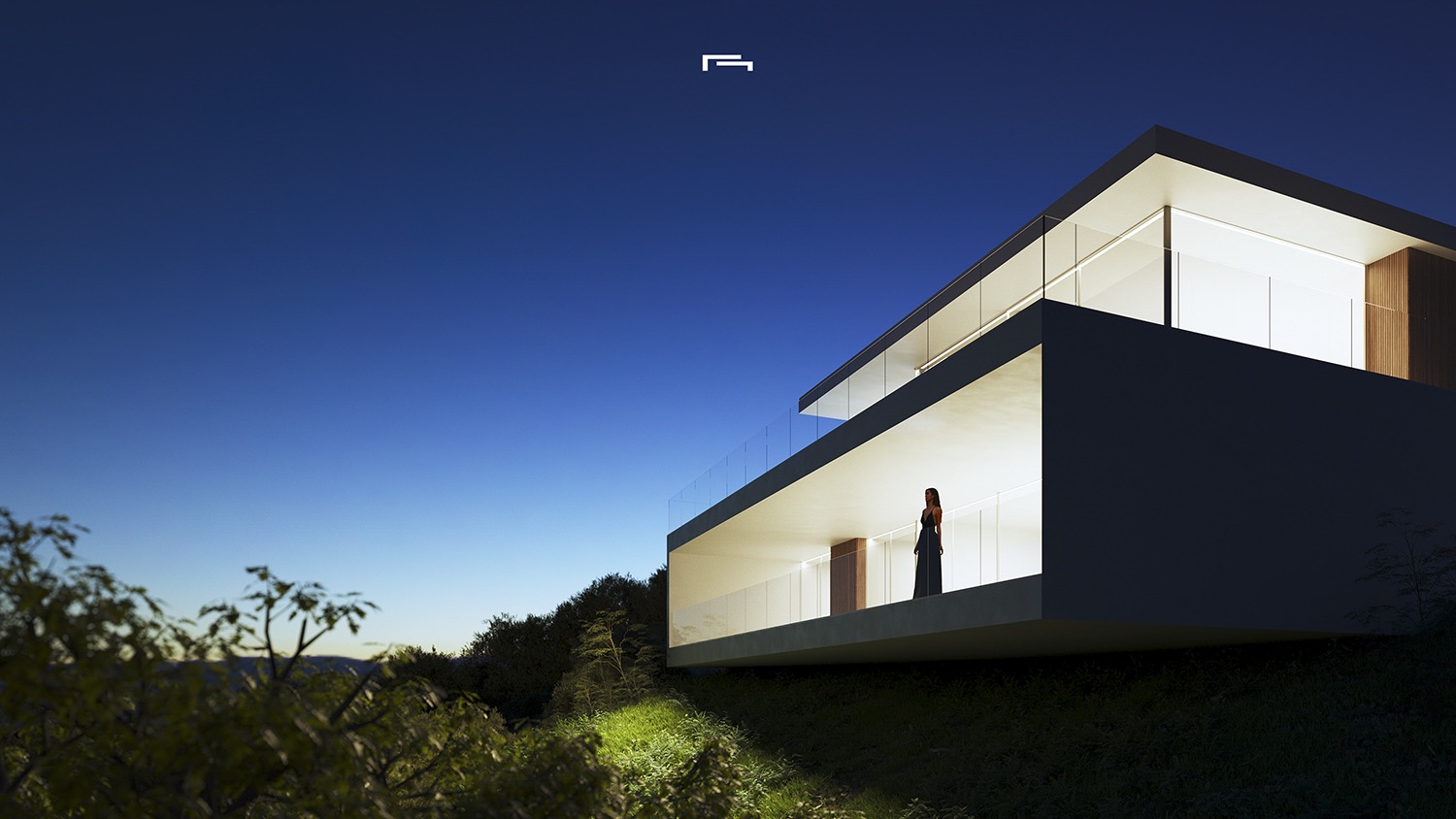 Vista exterior nocturna de la villa moderna con voladizos arquitectónicos, barandillas de cristal y una iluminación cálida integrada en la fachada blanca.