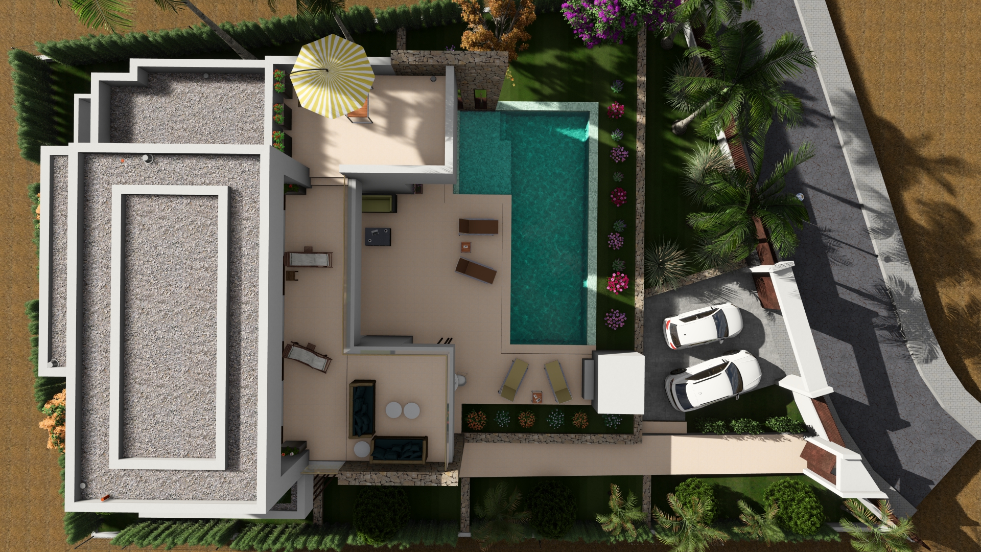 Vista aérea de la villa que muestra la piscina rectangular, el jardín y el aparcamiento con dos coches.