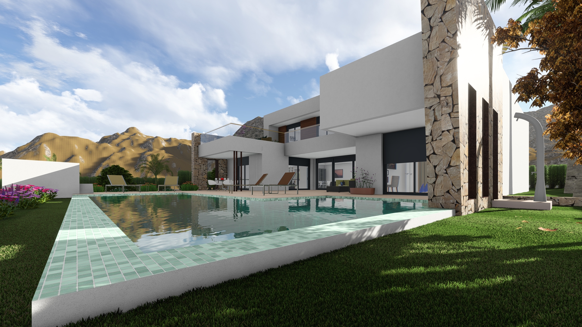Vista de la piscina con borde de mosaico turquesa y villa moderna con detalles en piedra natural y césped.