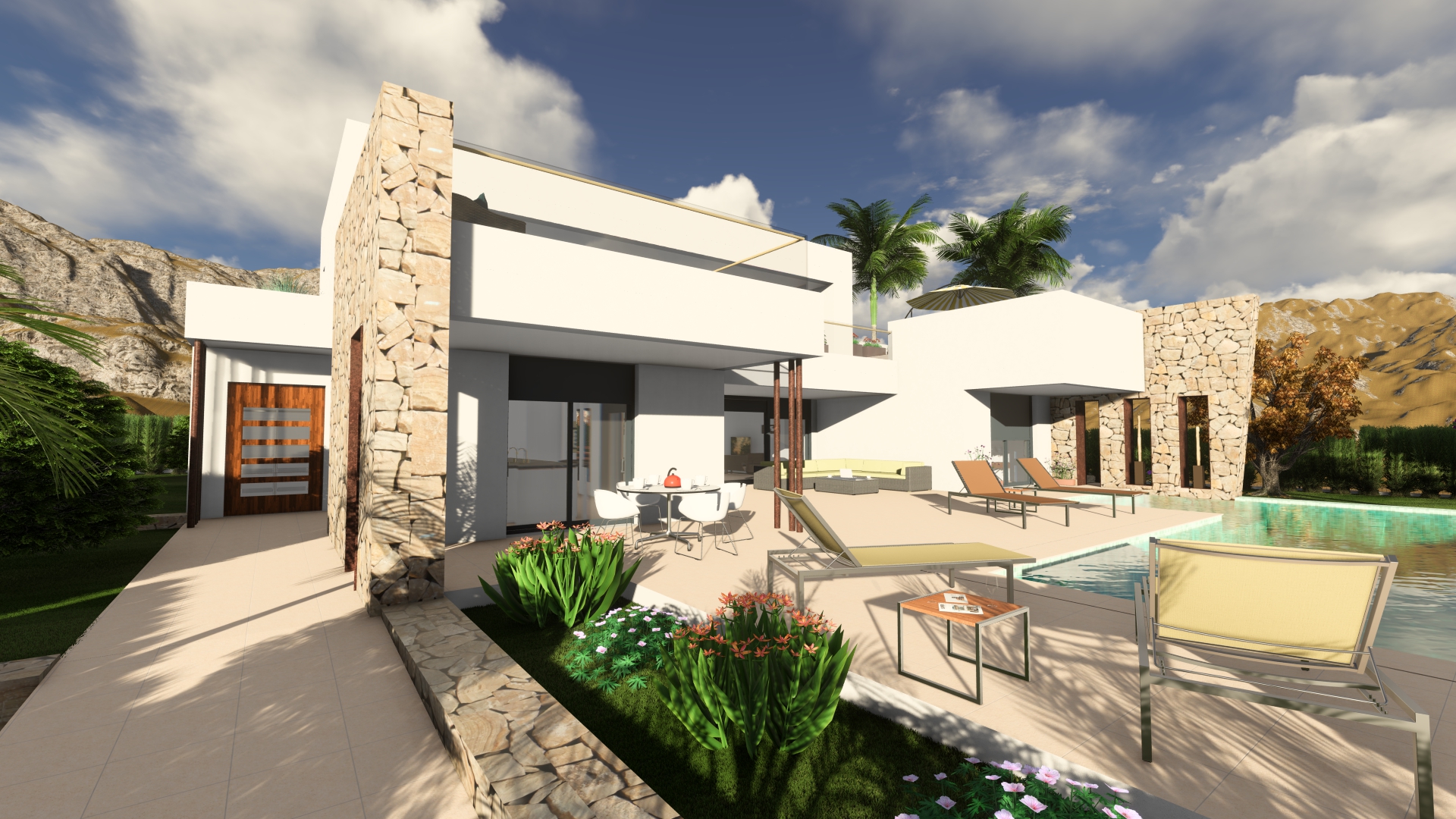 Vista del patio con piscina, tumbonas y vegetación exuberante, destacando la arquitectura moderna con detalles en piedra.