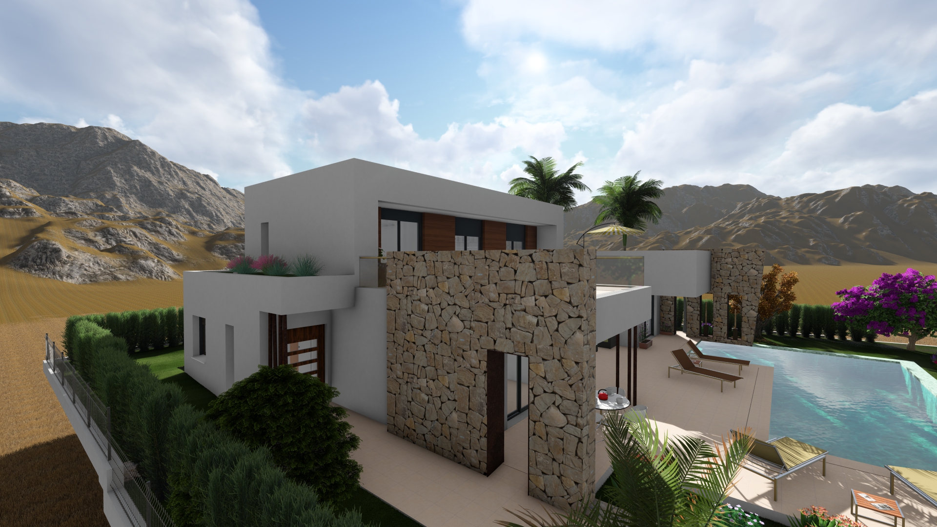 Vista exterior de la villa con fachada de piedra y piscina privada.