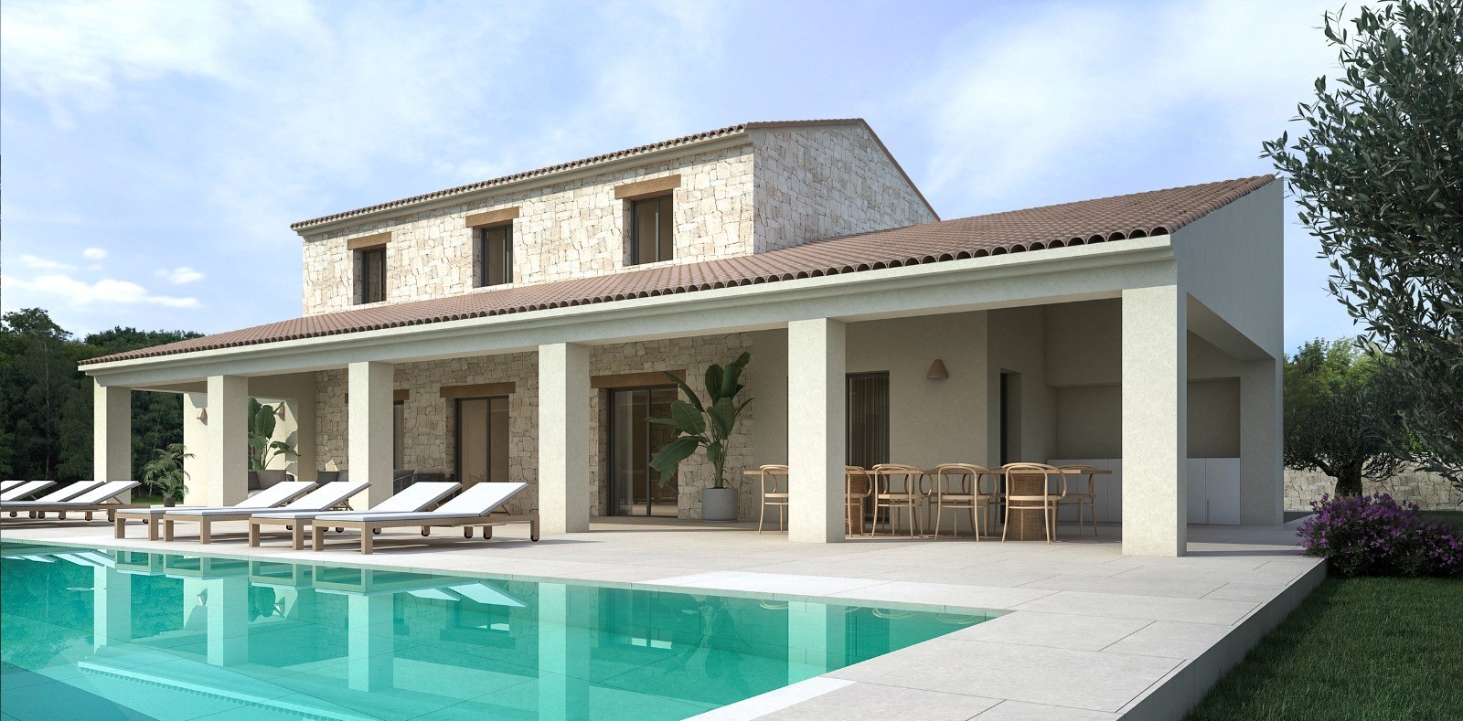 Vista de la villa con piscina turquesa, fachada de piedra y terraza cubierta con comedor exterior.