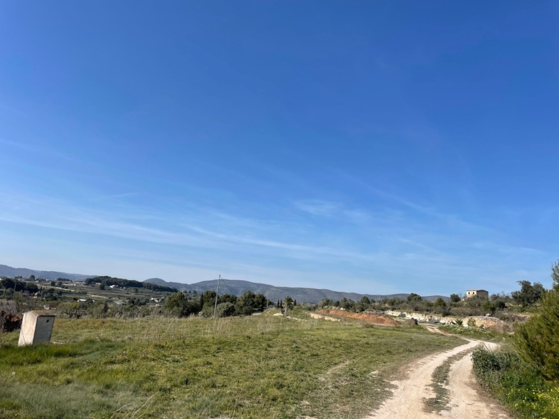 Vista del terreno con camino de tierra y horizonte montañoso bajo un cielo azul despejado.