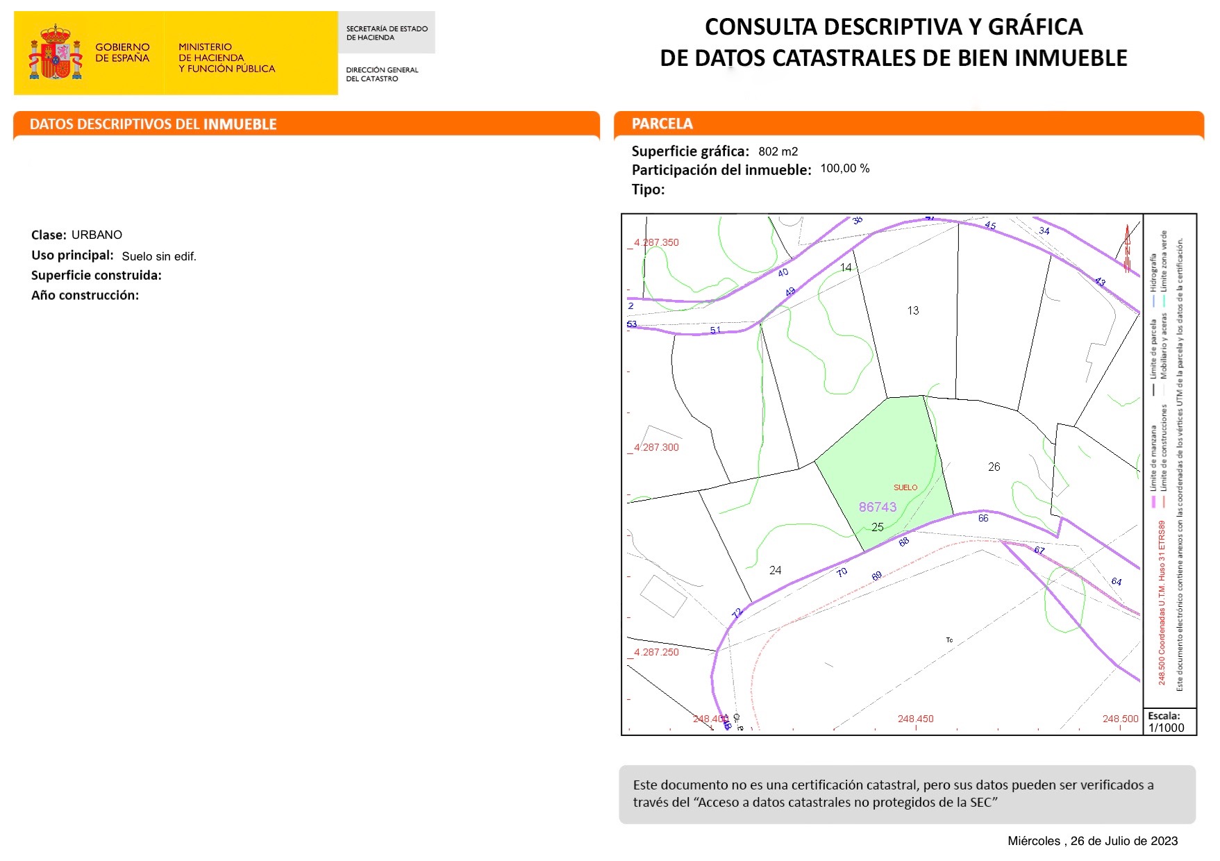 Documento oficial de consulta descriptiva y gráfica del catastro, mostrando el plano técnico y linderos de la parcela urbana de 802 m2.