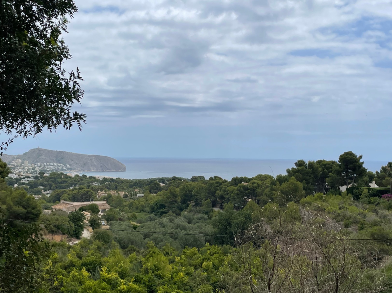 Vista panorámica al mar Mediterráneo y al Cap d'Or desde la parcela elevada en Benimeit, rodeada de vegetación autóctona y pinos.