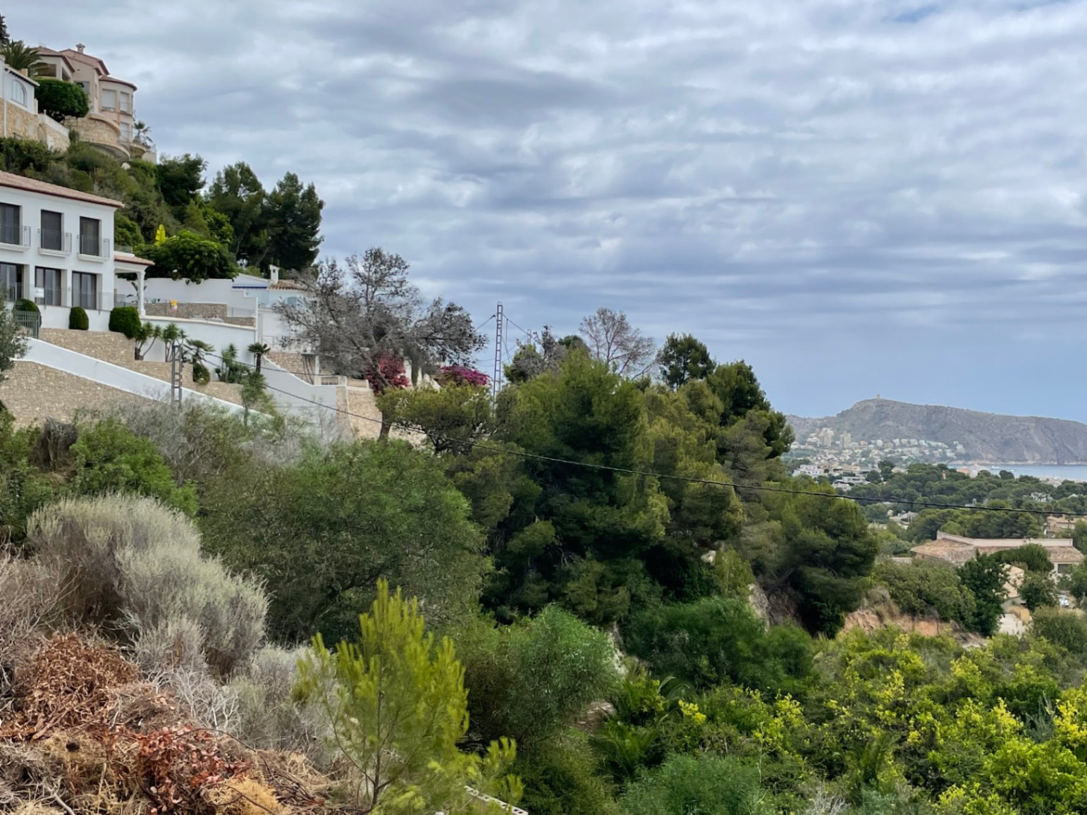 Vista panorámica desde la ladera de Benimeit, mostrando la vegetación mediterránea y chalets con muros de piedra natural frente al mar de Moraira.