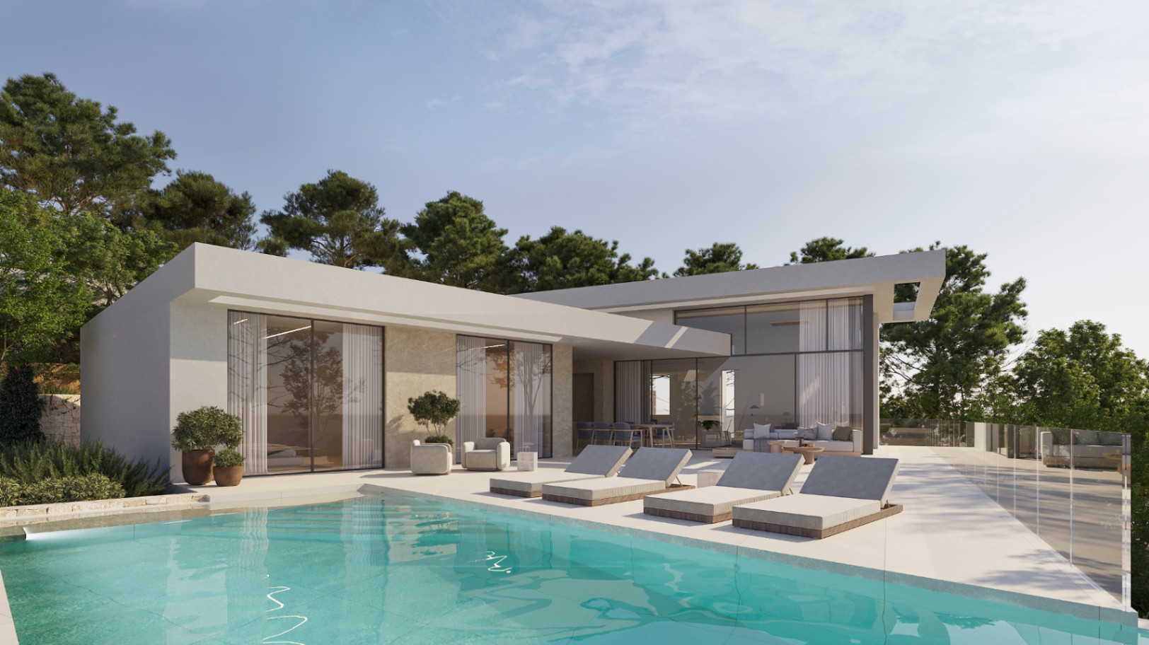 Fachada de villa moderna con piscina infinita, terraza de gres porcelánico, tumbonas de diseño y amplios ventanales que integran el interior con el entorno natural.