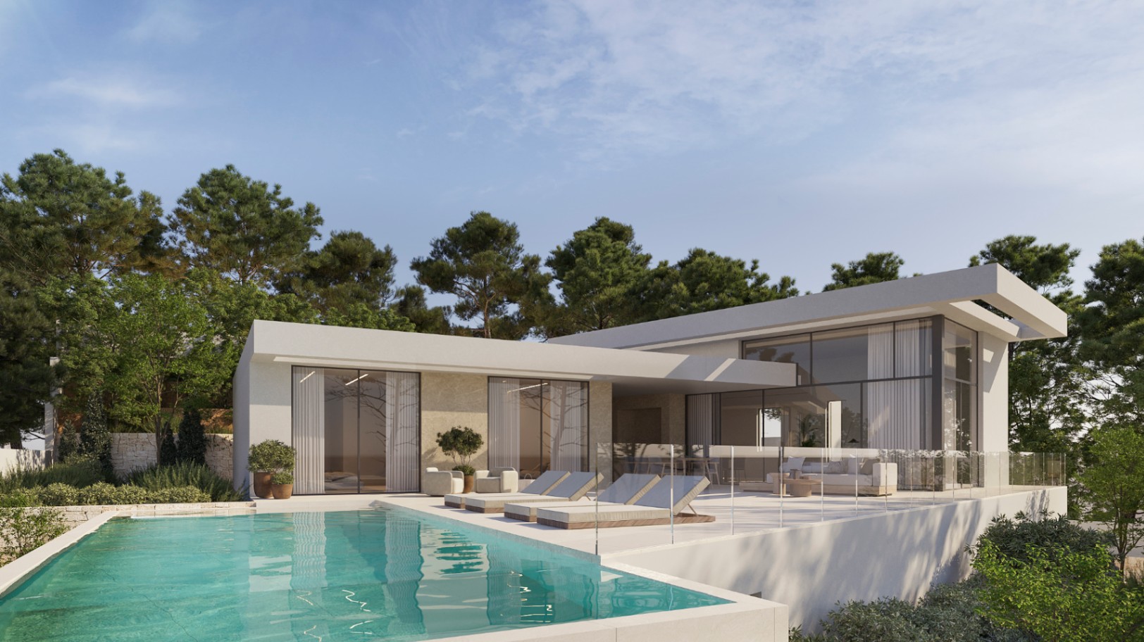 Fachada exterior de chalet moderno con piscina infinita, terraza de gres porcelánico y amplios ventanales integrados en un entorno de pinos mediterráneos.