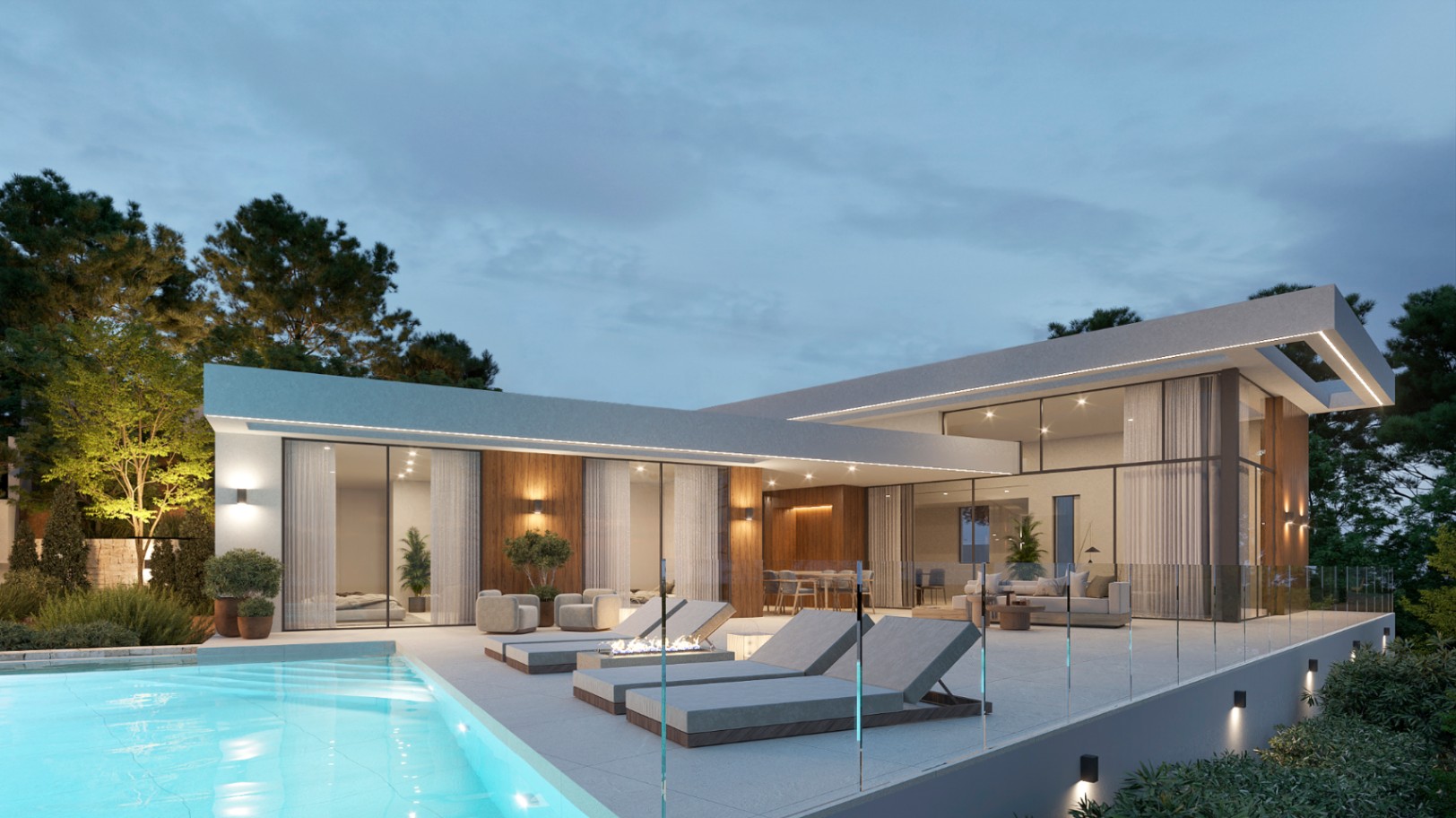 Fachada exterior de la villa moderna al atardecer, con piscina iluminada, amplia terraza con barandillas de cristal, zona de relax con chimenea y revestimientos de madera.
