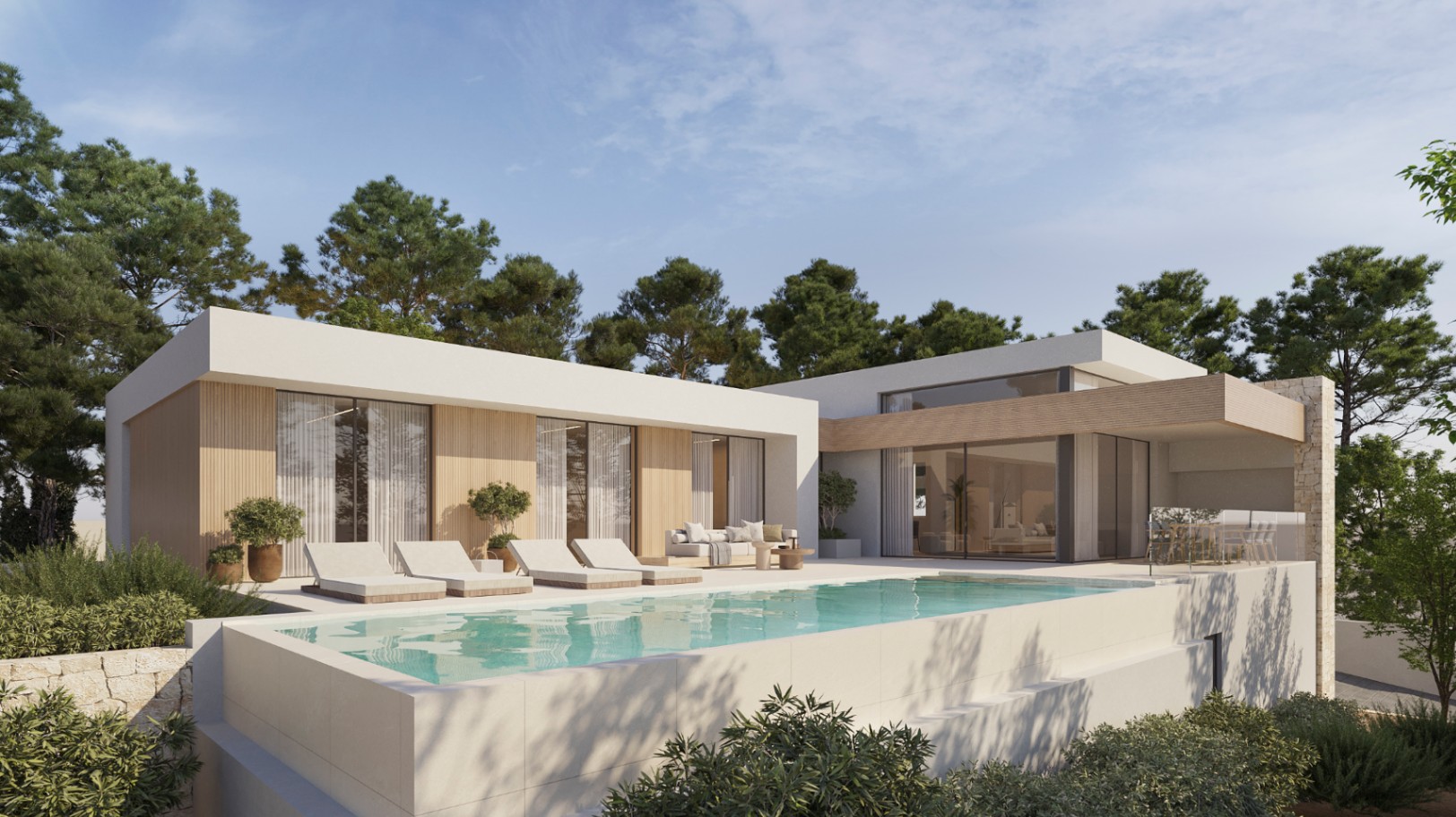 Fachada exterior de villa moderna con piscina infinita, terraza de gres porcelánico, tumbonas y revestimientos de madera natural integrados en el entorno.