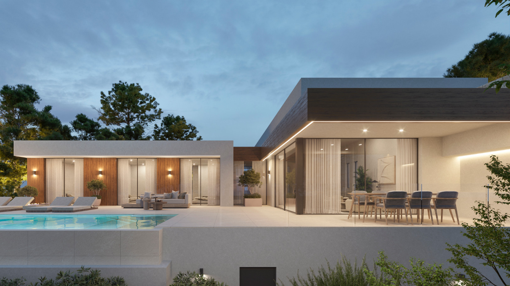 Fachada exterior de villa moderna con terraza de gres porcelánico, zona de comedor bajo voladizo y piscina infinita iluminada al atardecer.