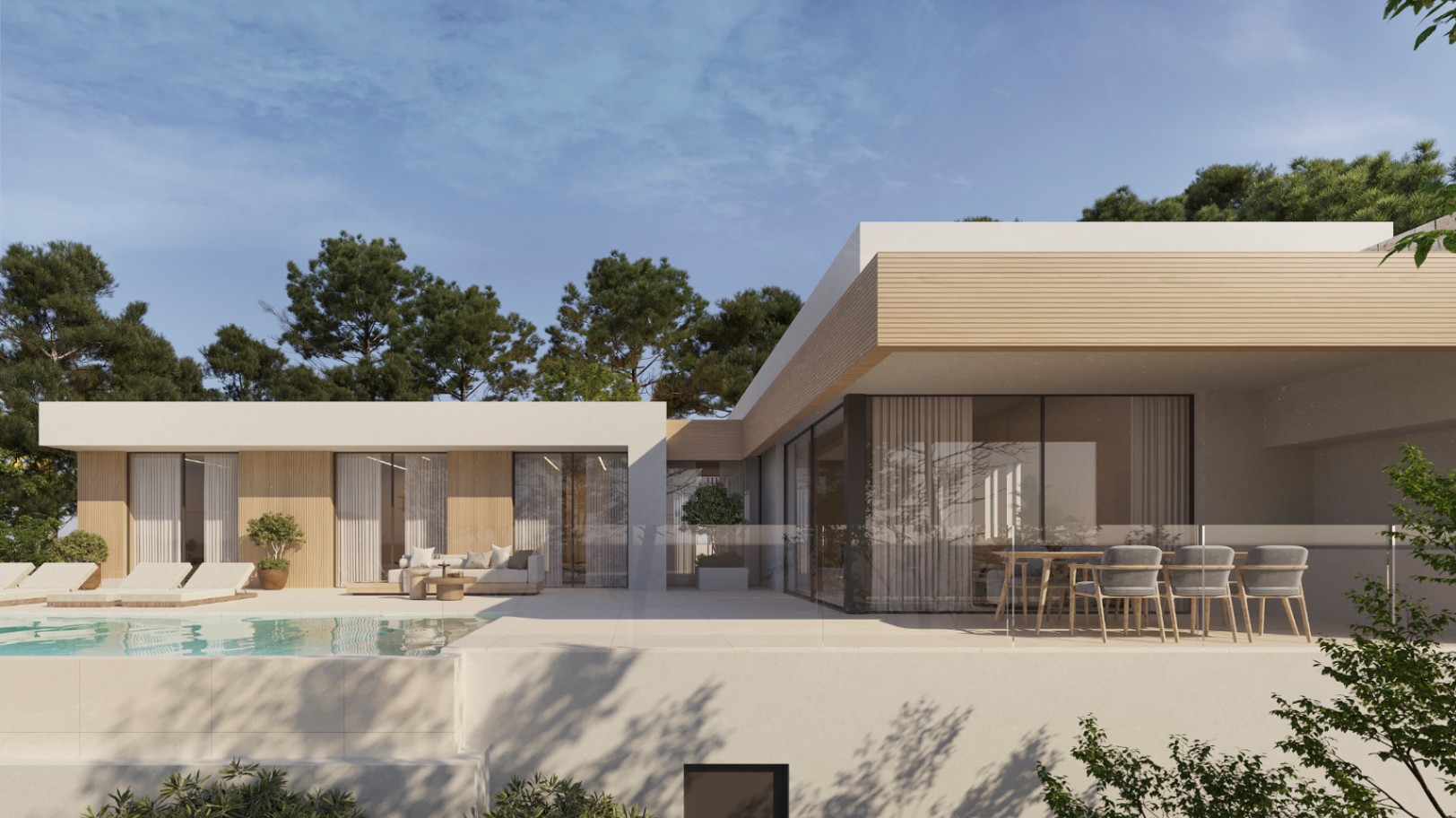 Fachada moderna con revestimiento de madera, amplia terraza con comedor exterior, zona de salón y piscina infinita rodeada de pinos mediterráneos.