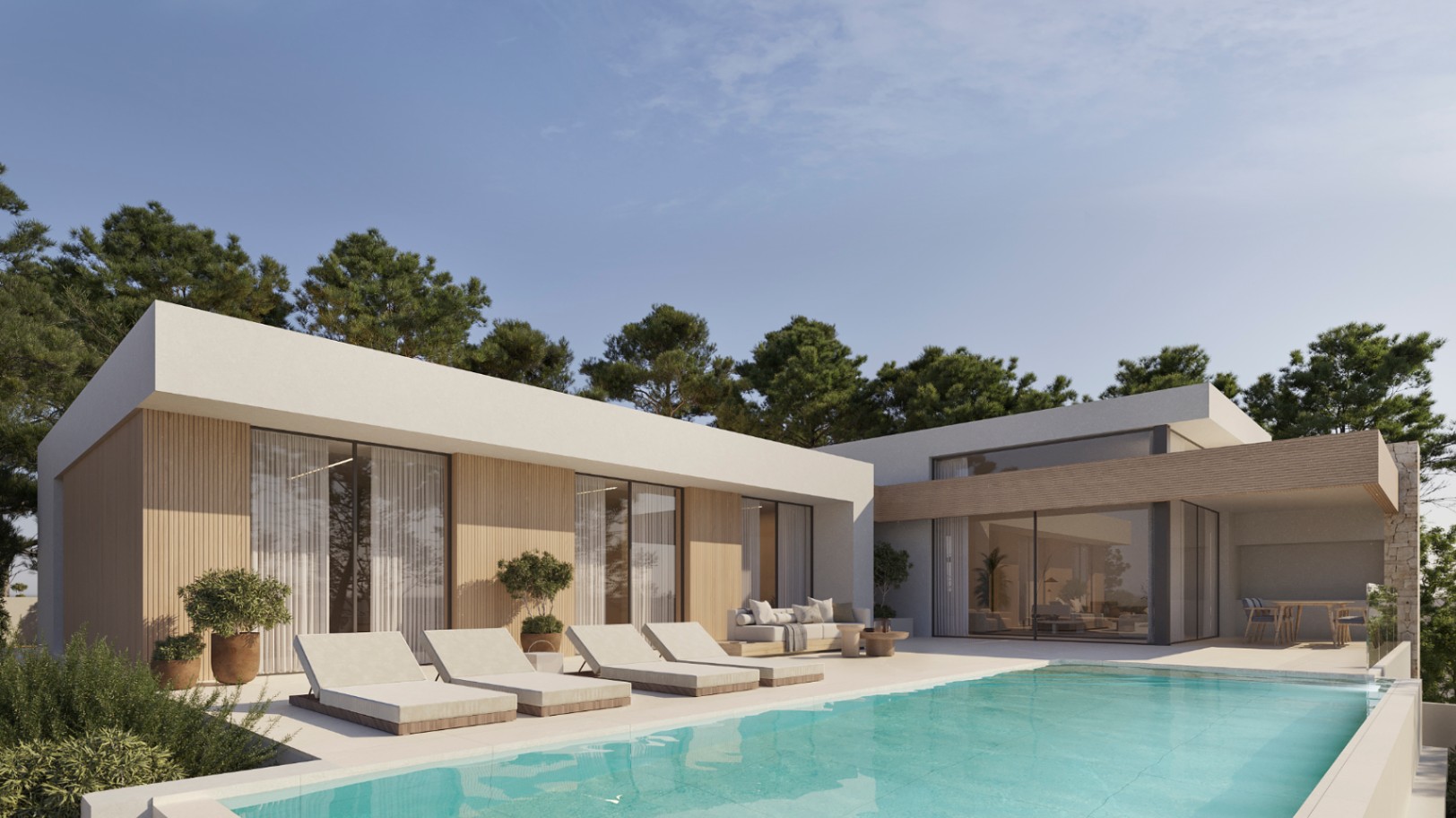 Fachada moderna con revestimiento de madera, terraza de gres porcelánico, piscina privada y amplios ventanales integrados en un entorno natural de pinos.
