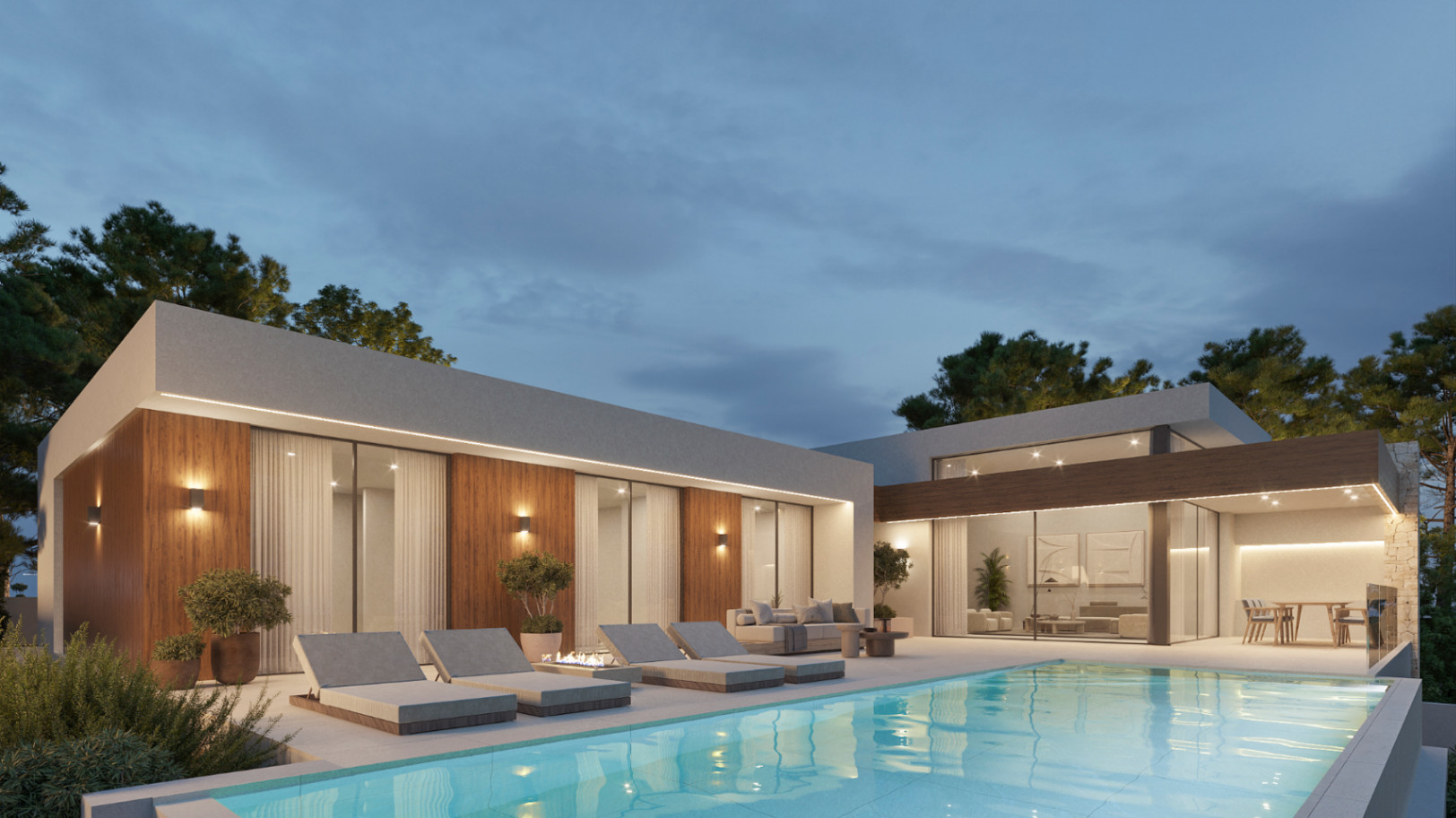 Vista exterior nocturna de la terraza con piscina, paneles de madera, iluminación LED integrada y amplios ventanales que conectan con el interior.