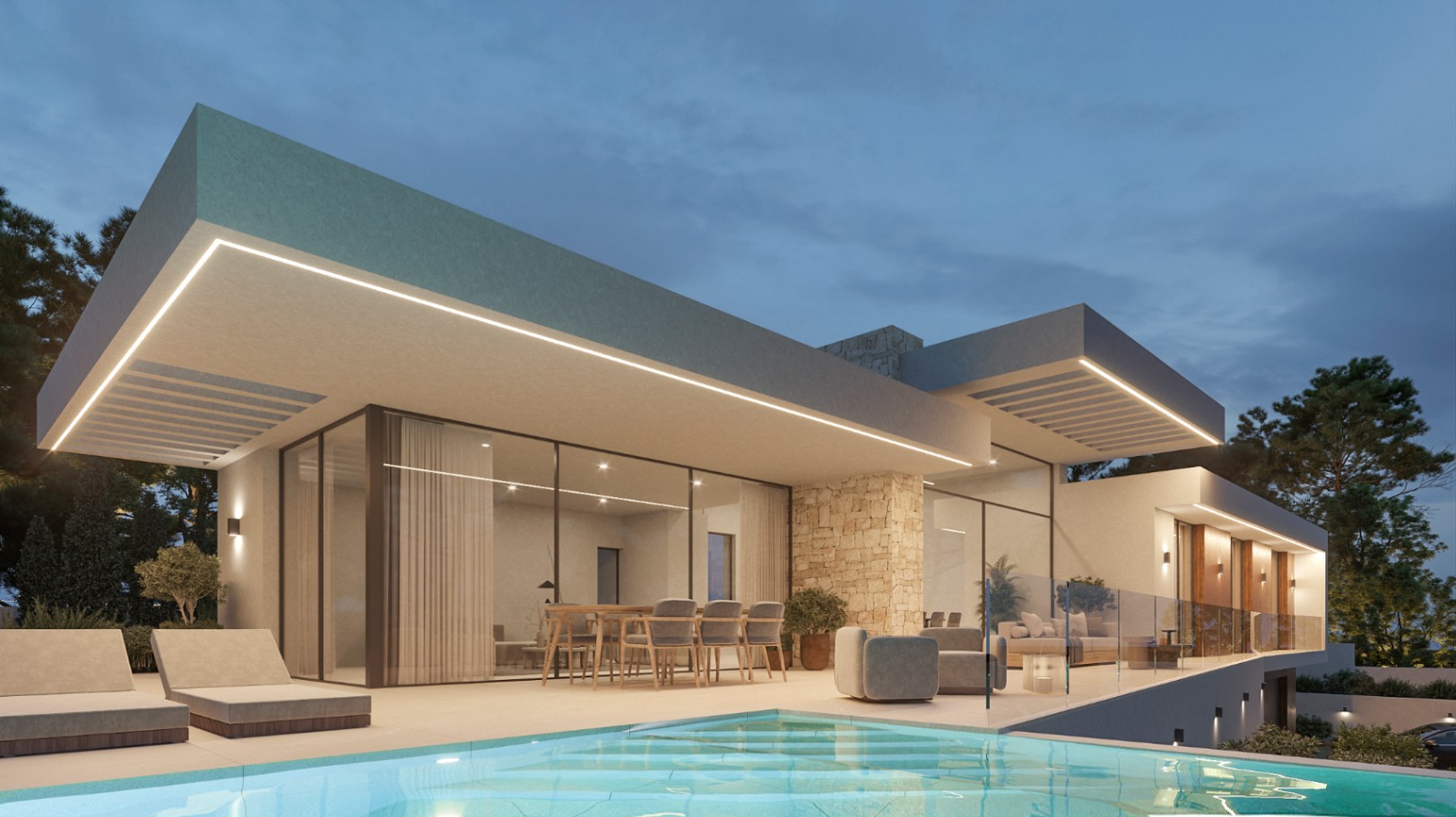 Fachada exterior de villa moderna con piscina infinita, terraza con iluminación LED integrada, muros de piedra natural y amplios ventanales que conectan con el comedor.