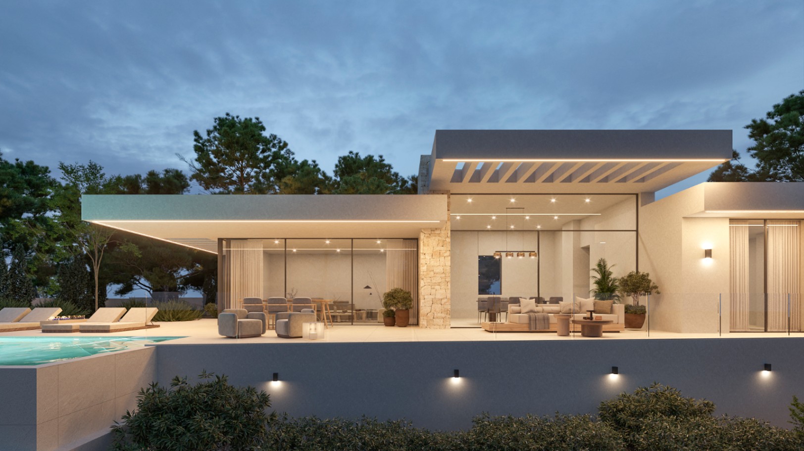 Fachada moderna al atardecer con grandes ventanales, iluminación LED integrada en voladizos y terraza con piscina frente al salón de concepto abierto.