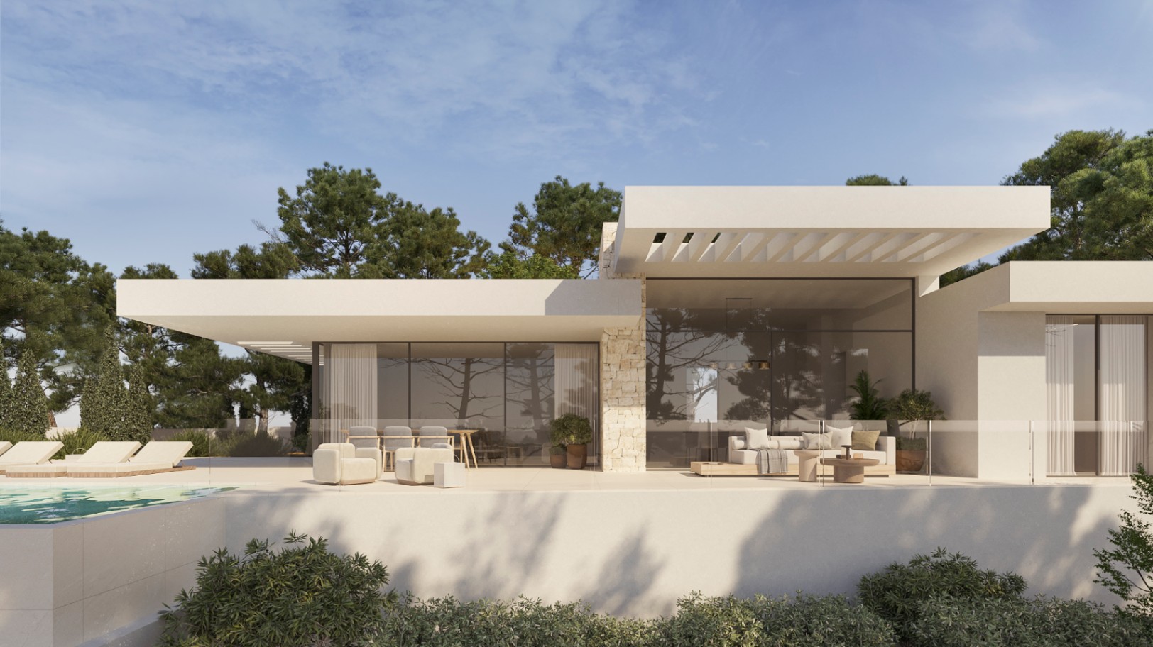 Fachada moderna con muros de piedra natural, amplios ventanales de suelo a techo y terraza con zona de estar, comedor exterior y piscina rodeada de pinos.