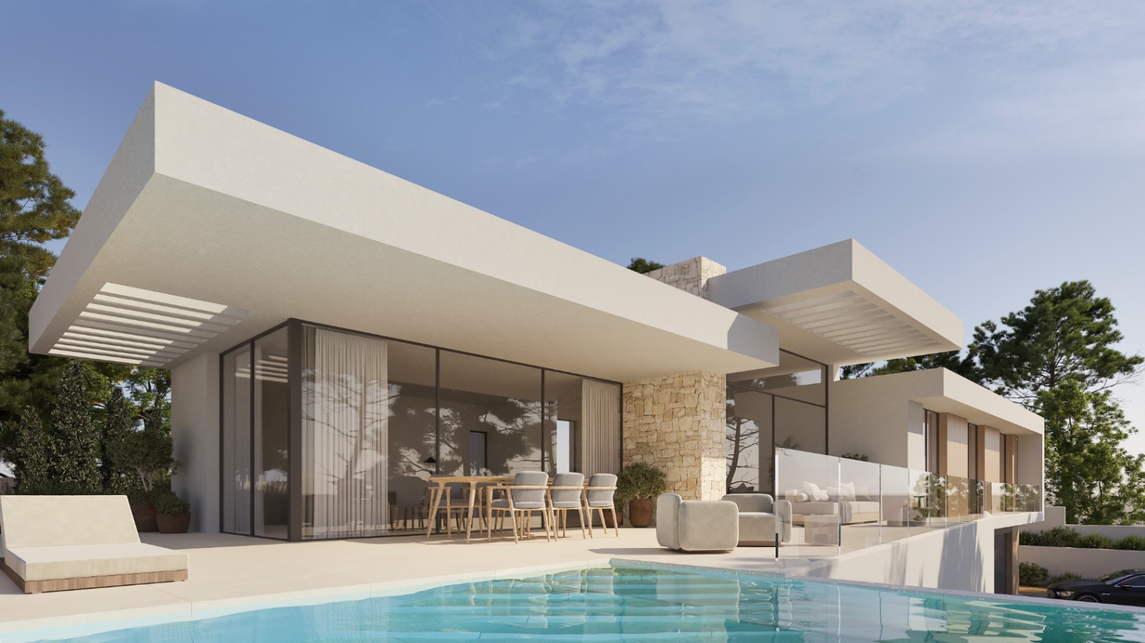 Fachada moderna con voladizos blancos, muros de piedra natural y terraza principal con piscina frente a amplios ventanales de suelo a techo.