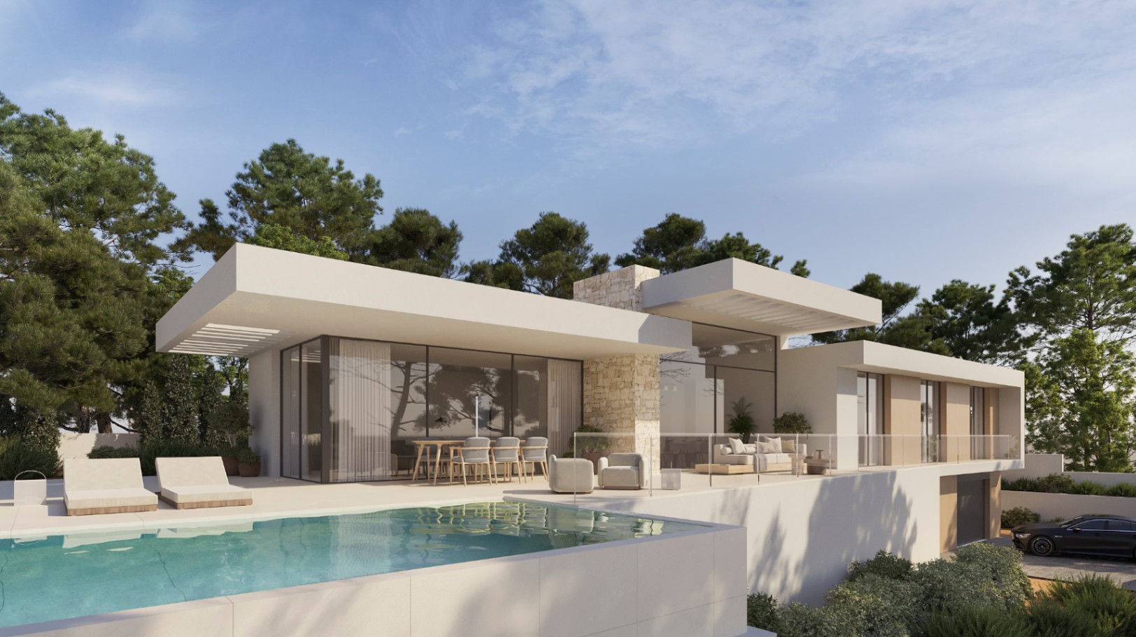 Vista exterior de la villa moderna con piscina infinita, terraza con barandillas de cristal y fachada con detalles de piedra natural rodeada de pinos.
