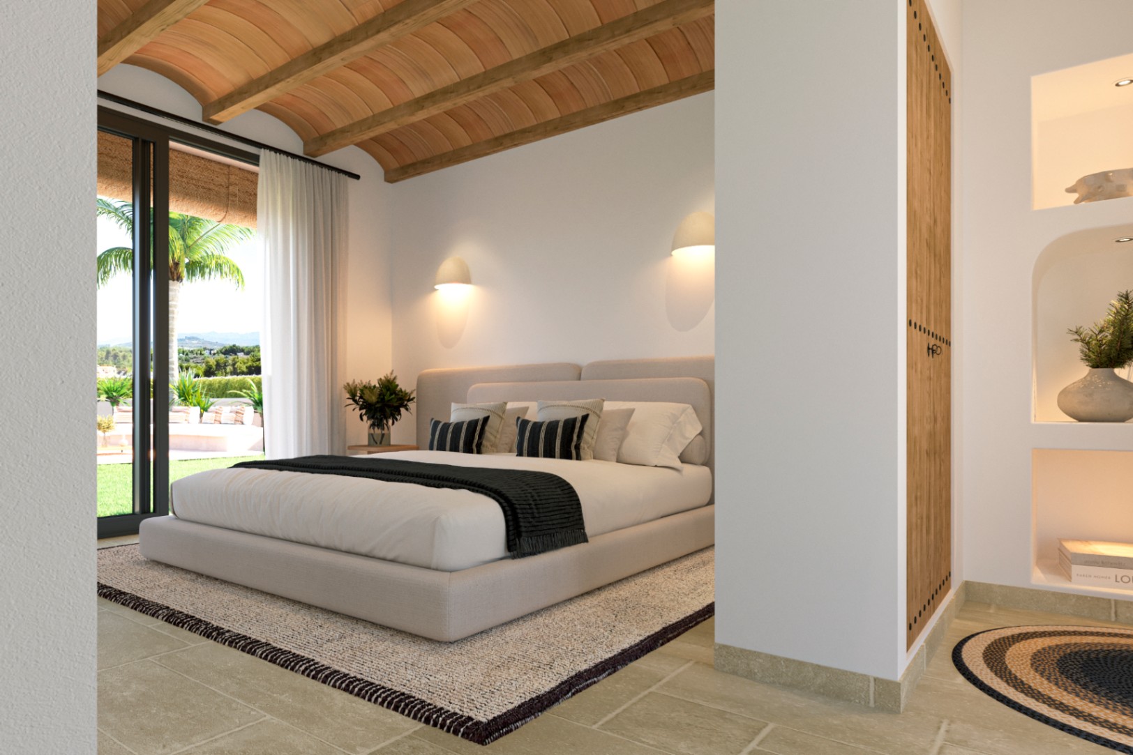 Dormitorio principal con techo de bovedilla y vigas de madera. Incluye acceso directo al jardín, suelo de piedra natural y hornacinas decorativas iluminadas.