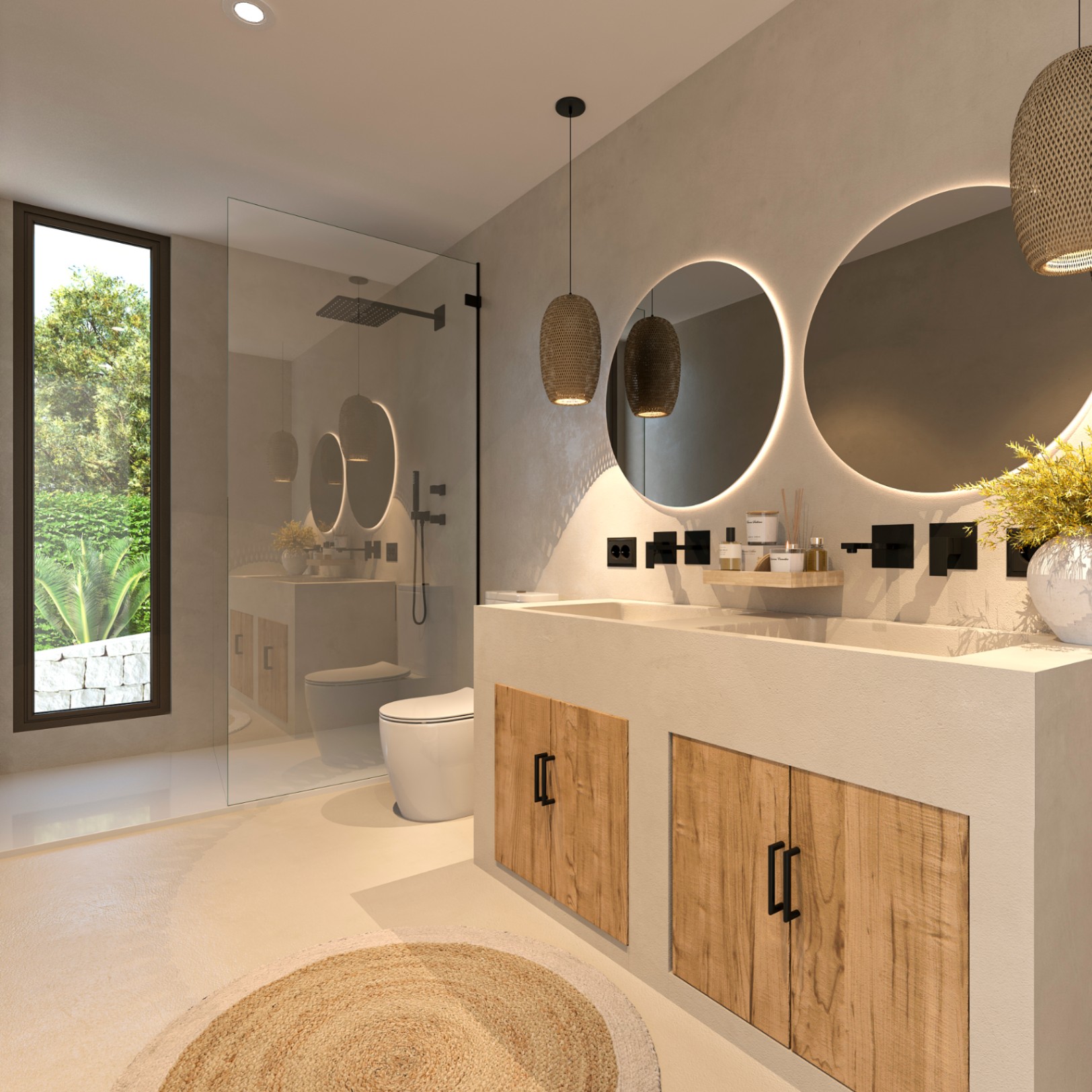 Baño de estilo ibicenco con lavabo doble integrado, espejos redondos retroiluminados, grifería negra y ducha de obra con mampara de cristal y vistas al jardín.