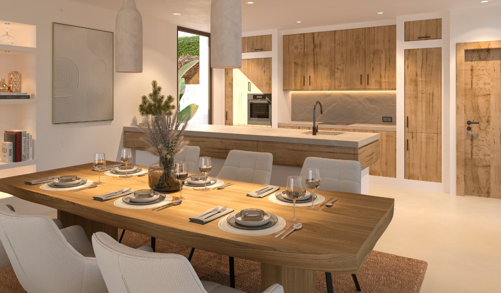 Comedor y cocina de concepto abierto con mobiliario de madera natural, isla central con encimera clara y una iluminación cálida integrada.
