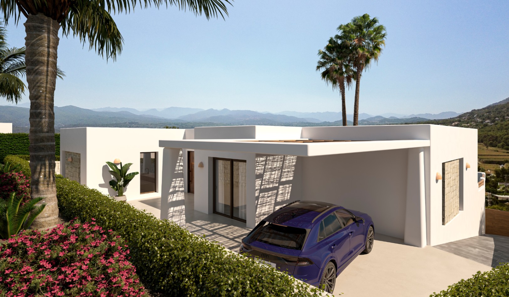 Exterior de la villa con zona de aparcamiento cubierto, fachada blanca de estilo ibicenco y vistas despejadas a las montañas de Jávea.