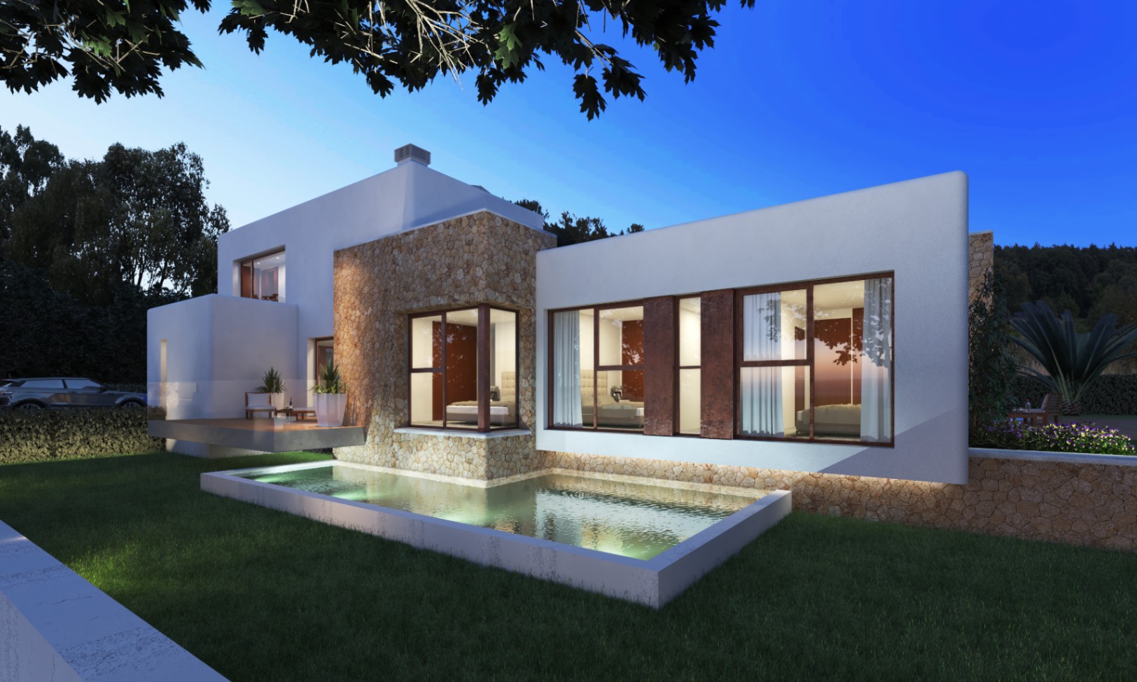 Vista exterior de la villa con piscina iluminada y fachada de piedra natural.