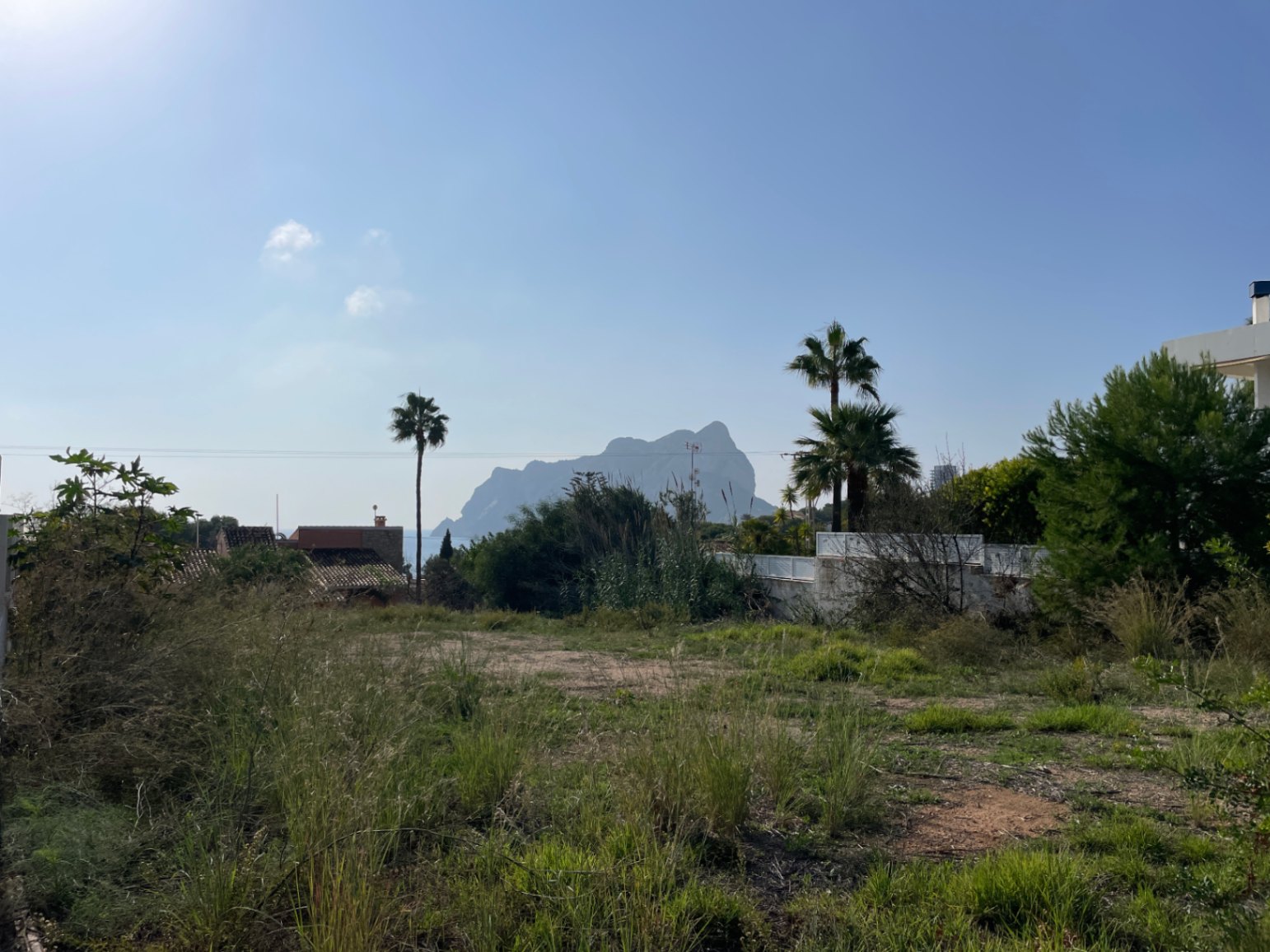 Parcela llana en Bassetes con vistas despejadas al Peñón de Ifach, rodeada de vegetación mediterránea y palmeras bajo un cielo despejado.