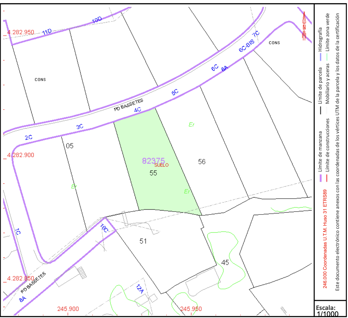 Plano catastral técnico de la parcela 55 en Bassetes, Calpe, que muestra la delimitación exacta del terreno y su acceso desde la vía pública.
